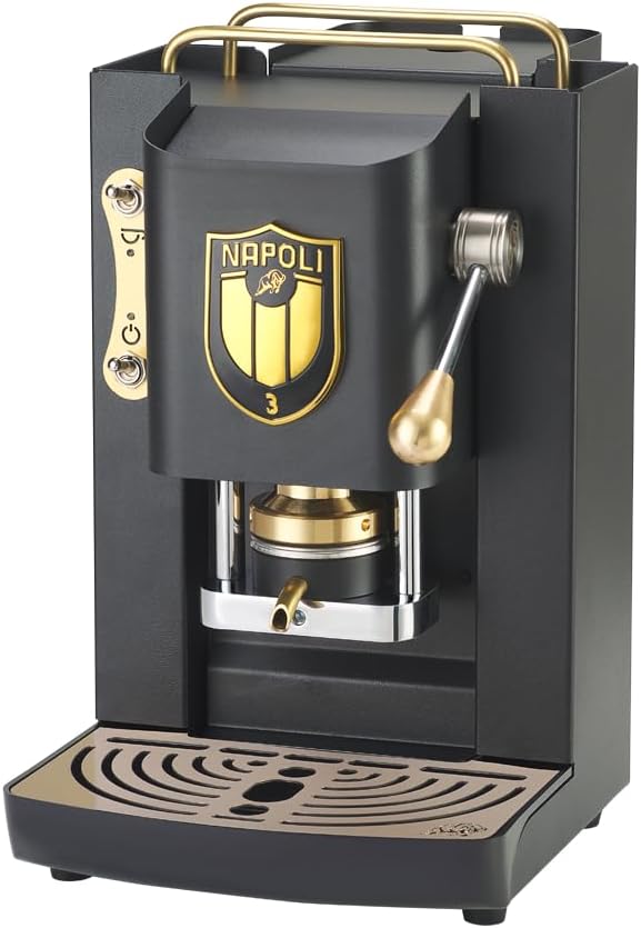FABER COFFEE MACHINES | Pro Deluxe Scudetto Model | Coffee Machine 44mm | Color Matte Black Brass Surface | Brass Press | Napoli Campione (Logo Black)