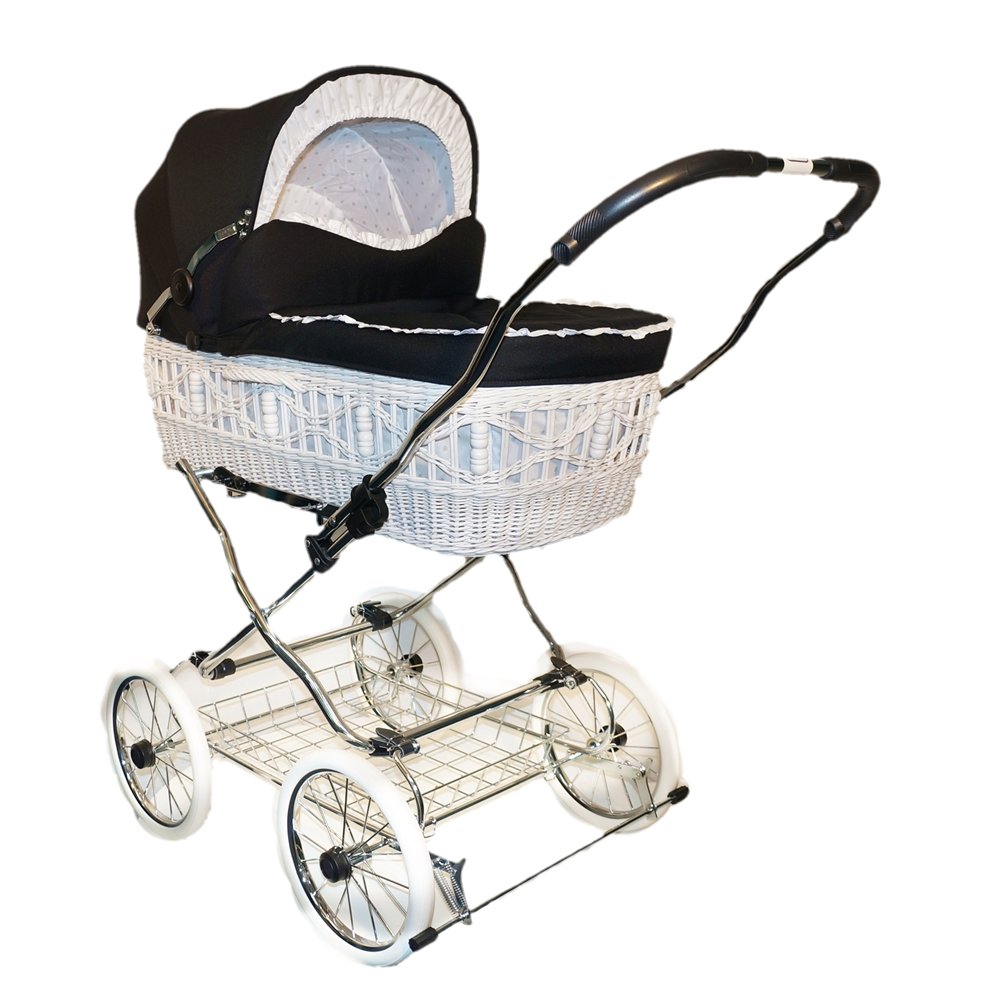 EICHHORN Wicker Basket Pushchair White Basket Black Fabric Large Surface Soft Sprung Includes Mattress and Rain Cover