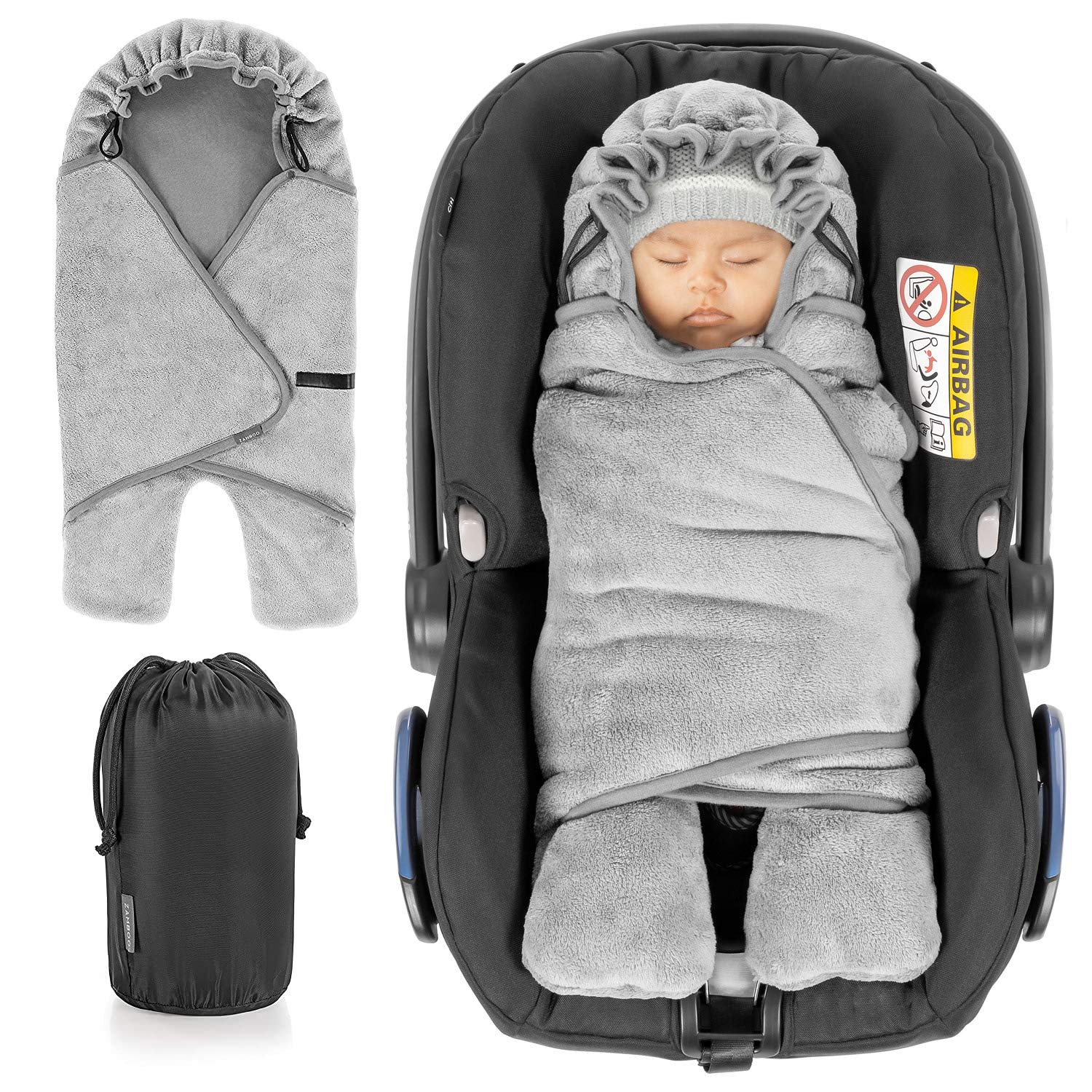 Zamboo Baby Swaddling Blanket with Feet - Winter - Lined Blanket for Baby Seats / Car Seats (Fits Maxi-Cosi, Cybex, Römer) and Pushchairs with Hood and Bag - Grey