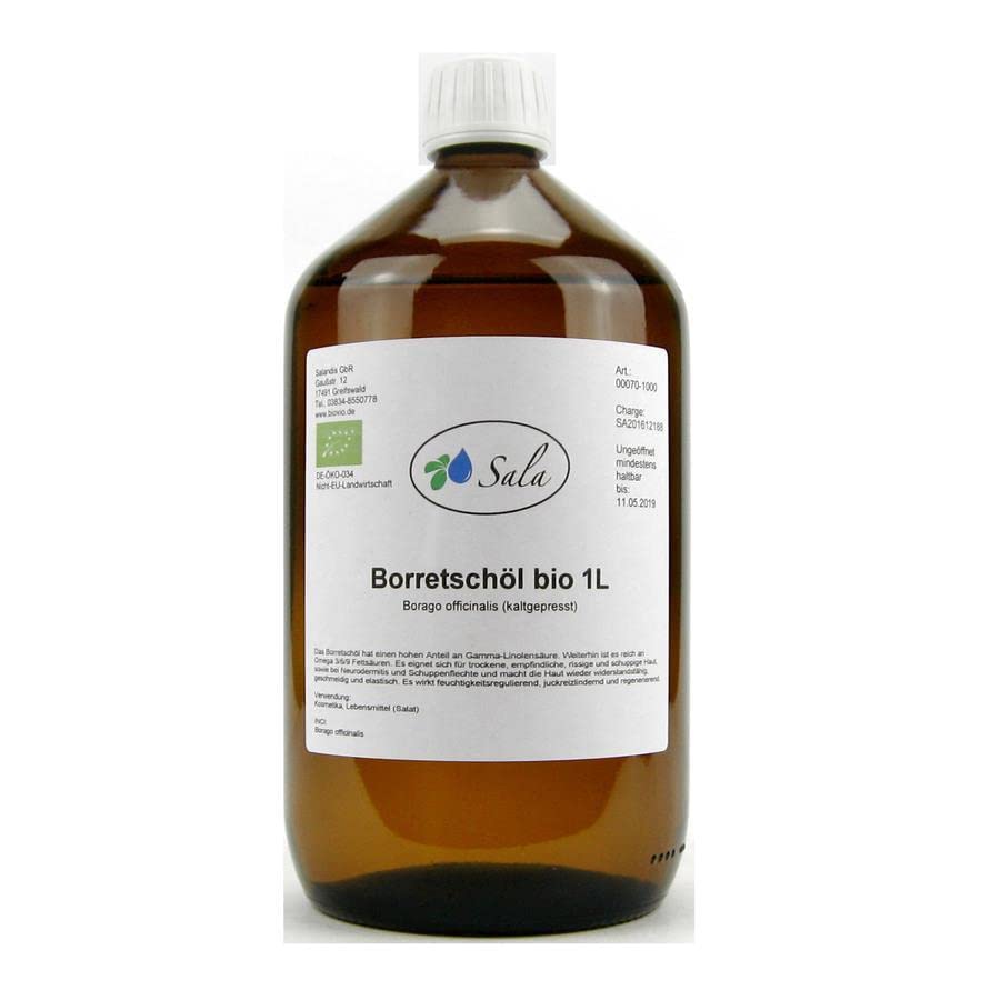 Sala Borage Oil Cold Pressed Native Organic 1000 ml 1 Litre Glass Bottle