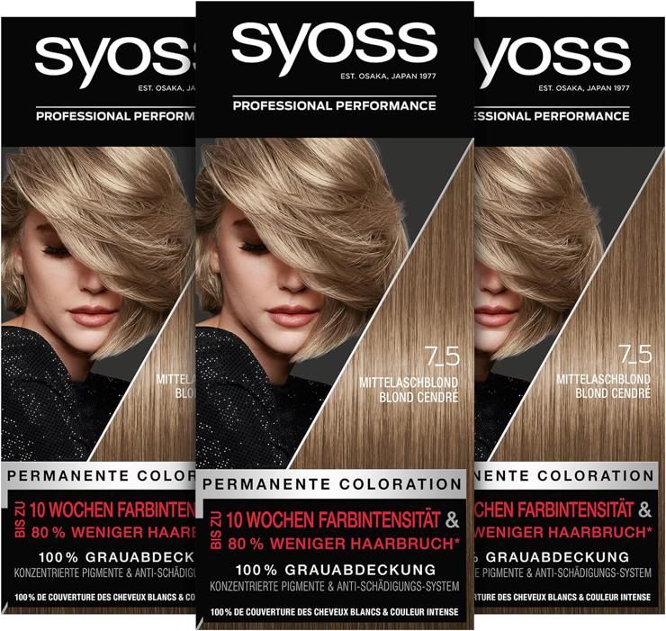 Syoss Color Coloration Hair Dye, 7_5 Medium Ash Blonde Level 3 (3x 115 ml), Permanent Coloration for up to 10 Weeks of Color Intensity and 70% Less Hair Breakage*