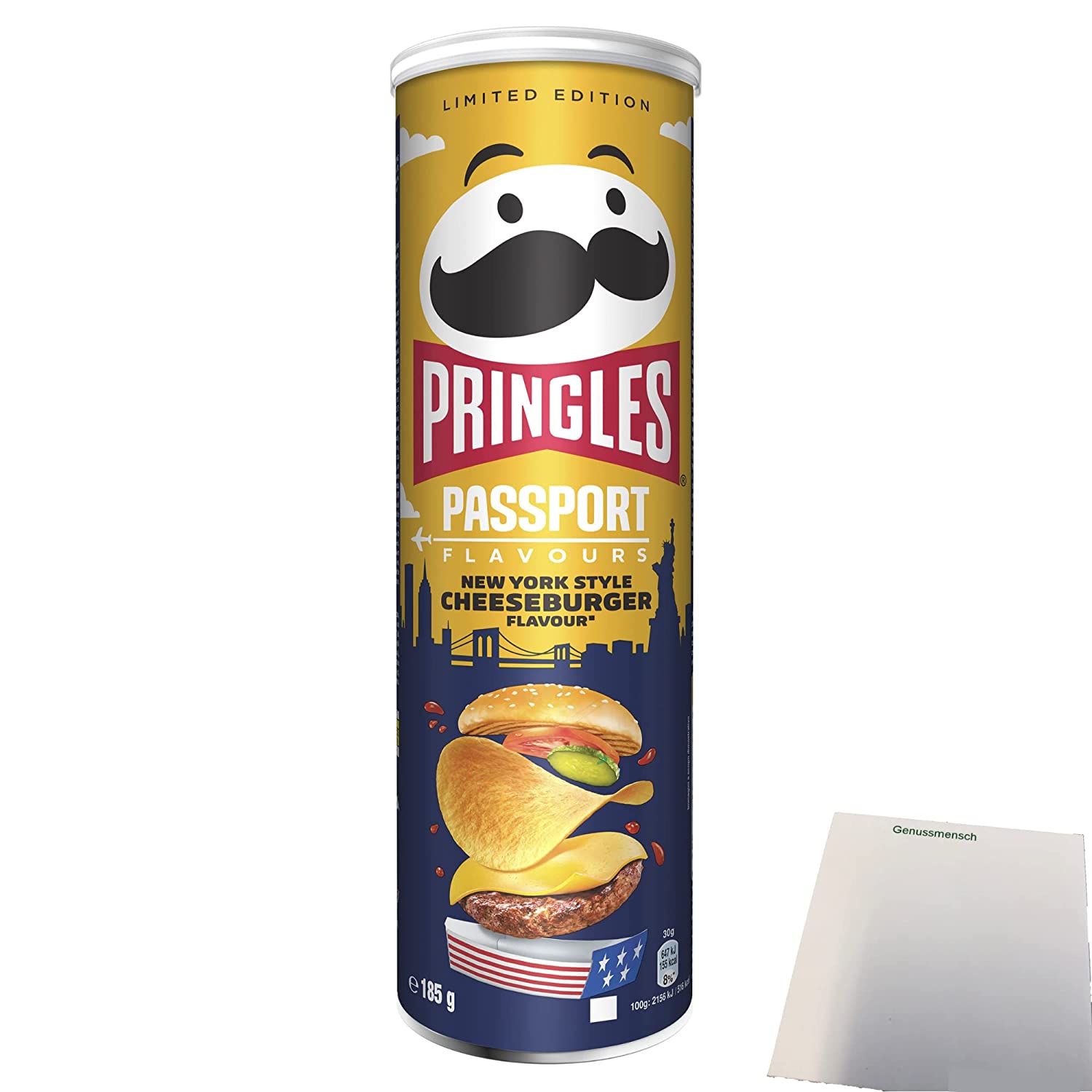 Pringles Passport Flavours New York Style Cheeseburger Flavour (185g Packung) + usy Block