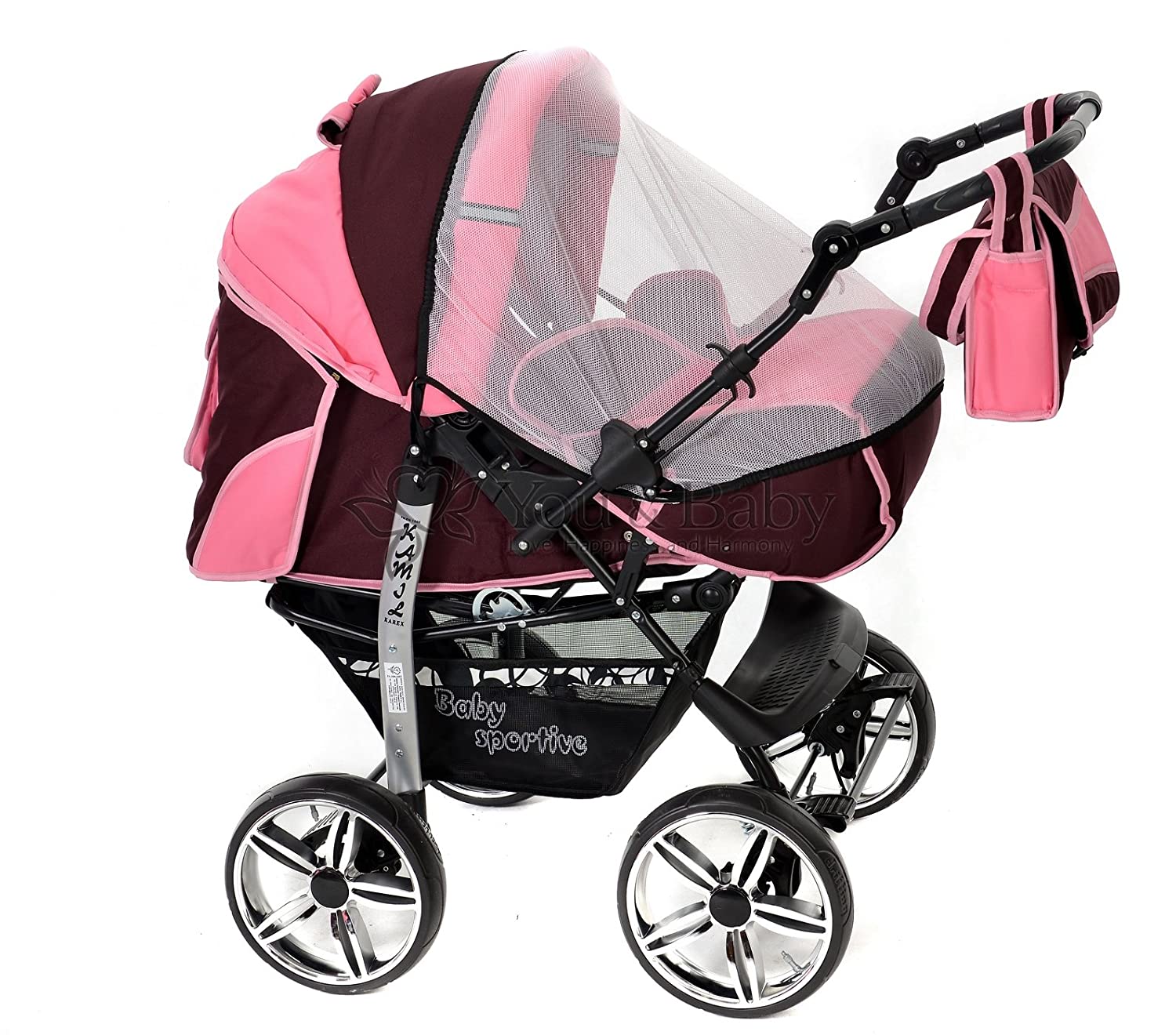 Sporty Kamil, Combination Baby Pushchair including Pushchair Set, Car Seat and Stroller Attachment System with Wheels Can Be Swivelled. Travel System Color: Dark Red and Pink