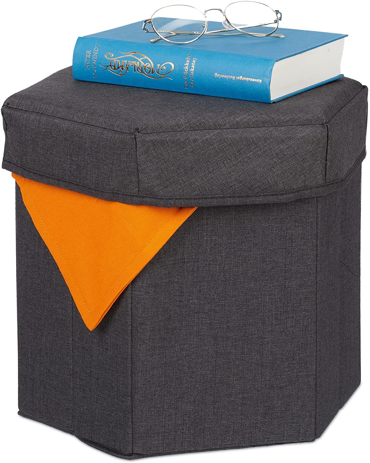 Relaxdays Stool with Storage Space, Foldable, Soft Padded, Living Room, Fabric, H x W x D x 32 cm, Seat Cube, Dark Grey