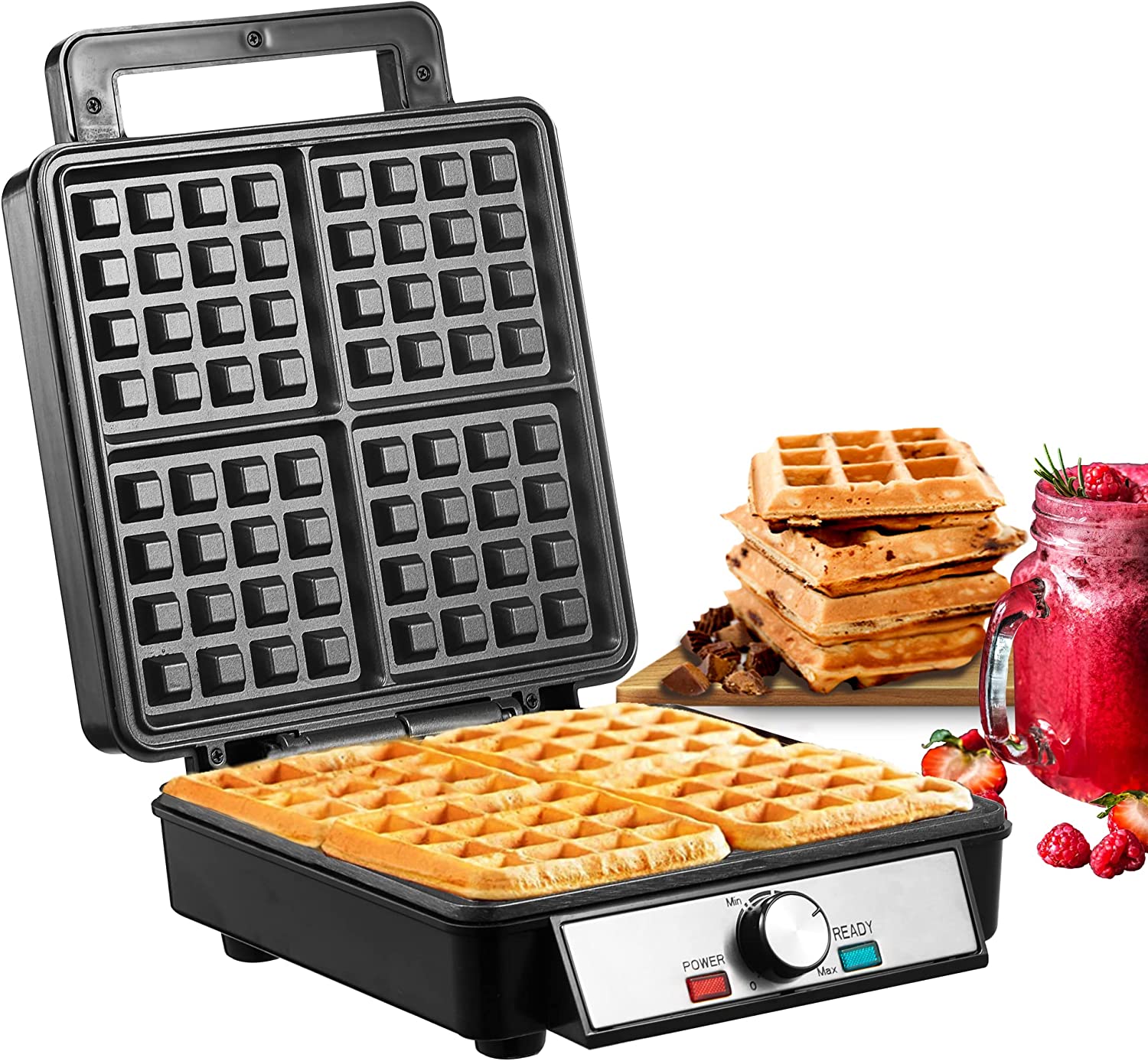FOHERE Waffle iron, 4 Belgian waffles at the same time, 1200 watts, adjustable temperature control, non-stick coated plates and easy to clean, stainless steel