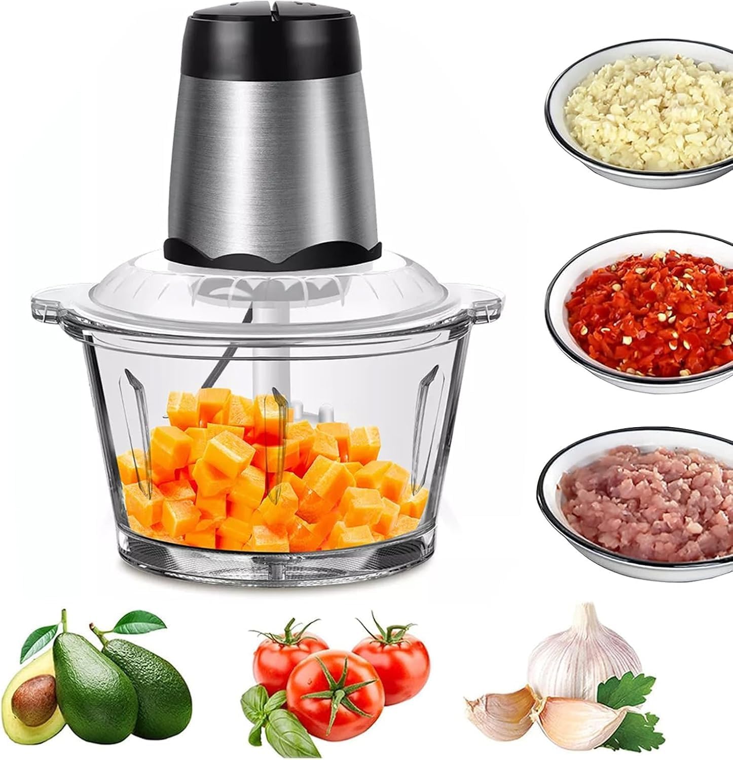 Electric Kitchen Chopper, 300 W Multi-Chopper, Meat Grinder with 2 Bowls (2L) and Bi-Level Stainless Steel Blades, Universal Chopper for Meat, Vegetables, Onions, Fruit