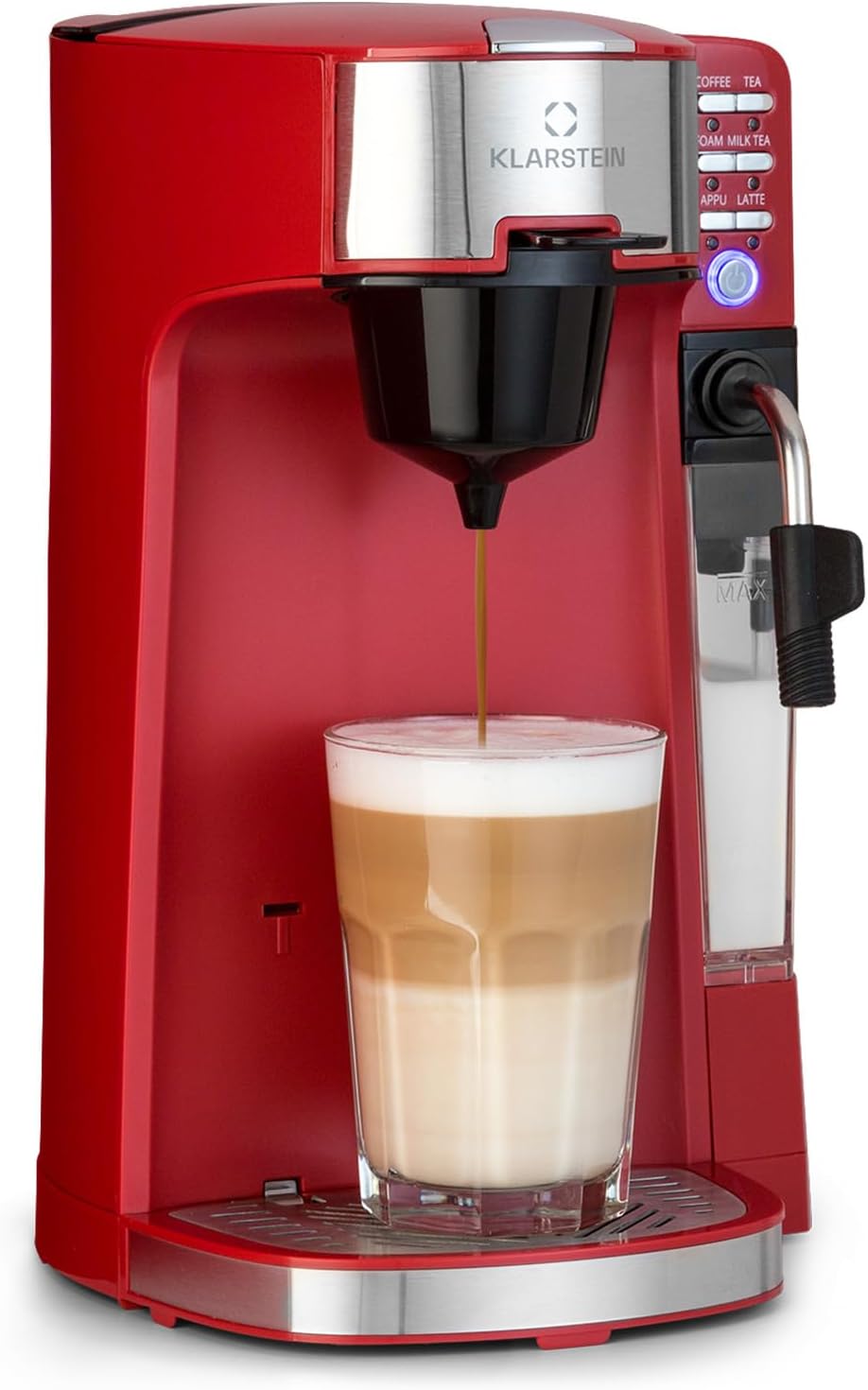 Klarstein 2-in-1 Small Coffee Machine, Tea Machine, 1180 W Coffee Machine with Milk Frother, Coffee Machine for Ground Coffee, 6 Modes, Coffee Machine for Latte Macchiato & Tea