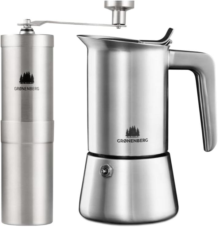 Groenenberg Economy Set 6 | Espresso Maker Stainless Steel (4 or 6 Cups) + Manual Coffee Grinder | Hand Coffee Grinder | Espresso Pot (Induction) (4 Cup Espresso Maker (200 ml))