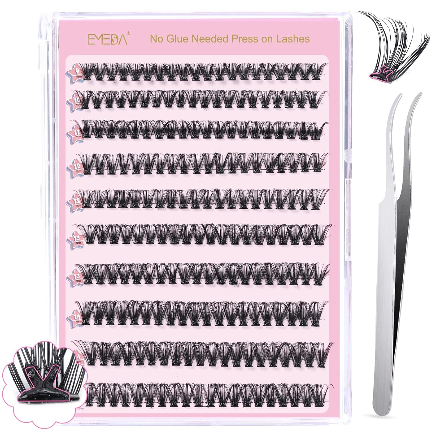 EMEDA Self-Adhesive Eyelashes, Glueless Eyelash Clusters Kit, 120 Pieces Press On Eyelashes, Pre-Luded Eyelashes with Tweezers Set, Self-Adhesive Manga Anime Eyelashes (K04)