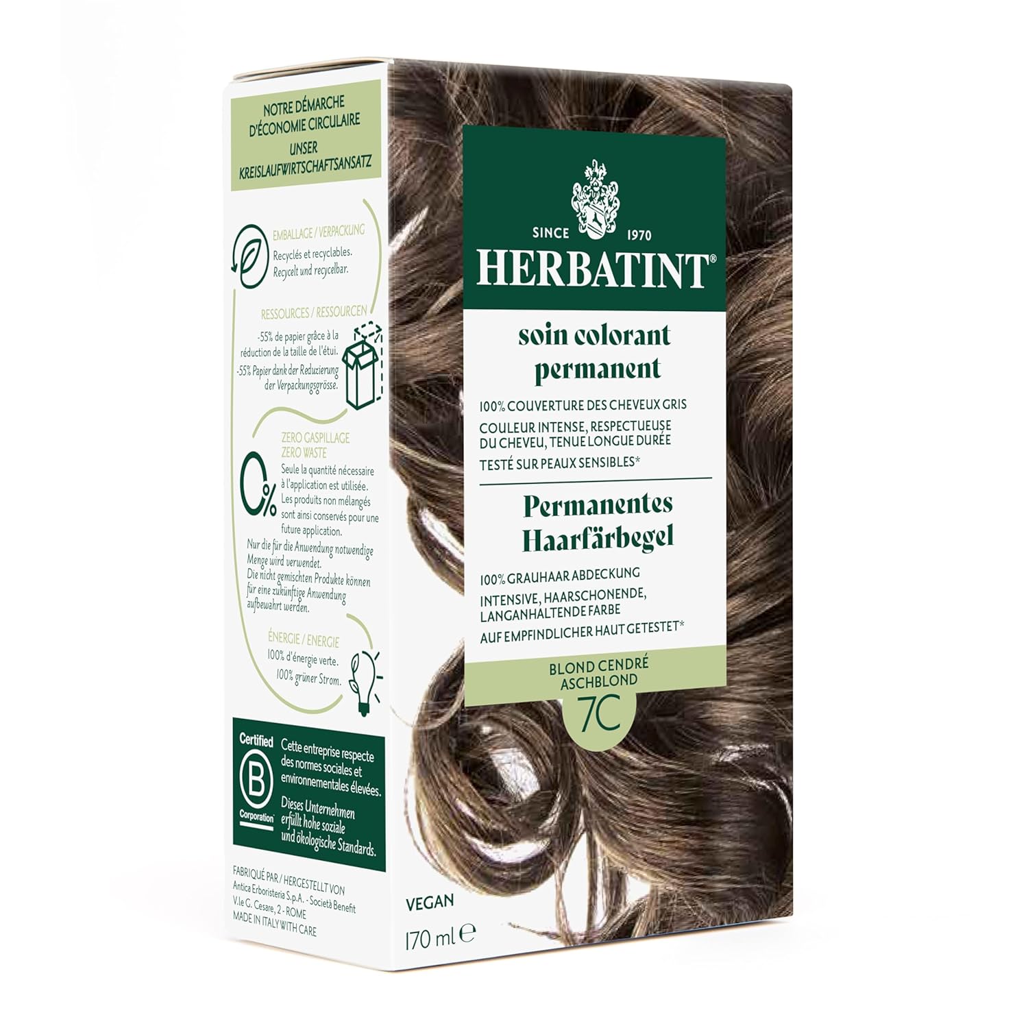 Herbatint Permanent Hair Dye Gel 7C Ash Blonde - 170 ml I No Ammonia, Optimal Gray Hair Coverage I Tested for Sensitive Skin with 8 Plant Extracts