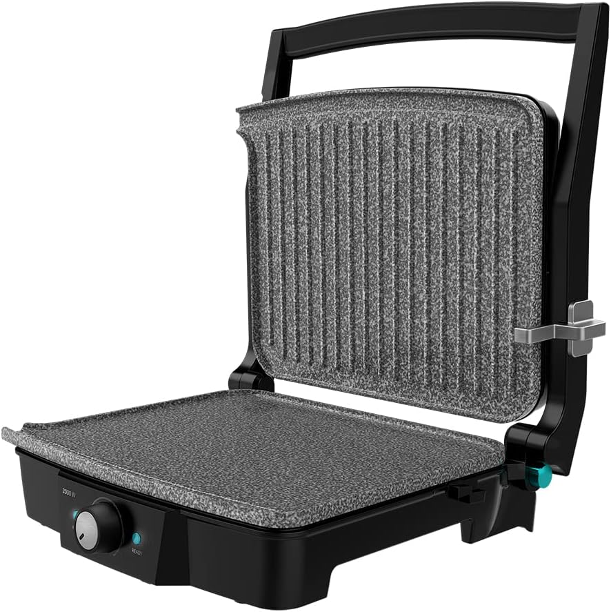 Cecotec Rock\'nGrill 2000 Stone Ceramic Mix & Grill Electric Grill 2000 W Grill, Grate, Plate and Sandwich Maker, Ceramic Coating, Mixed Surface, 180º Opening, Grease Tray