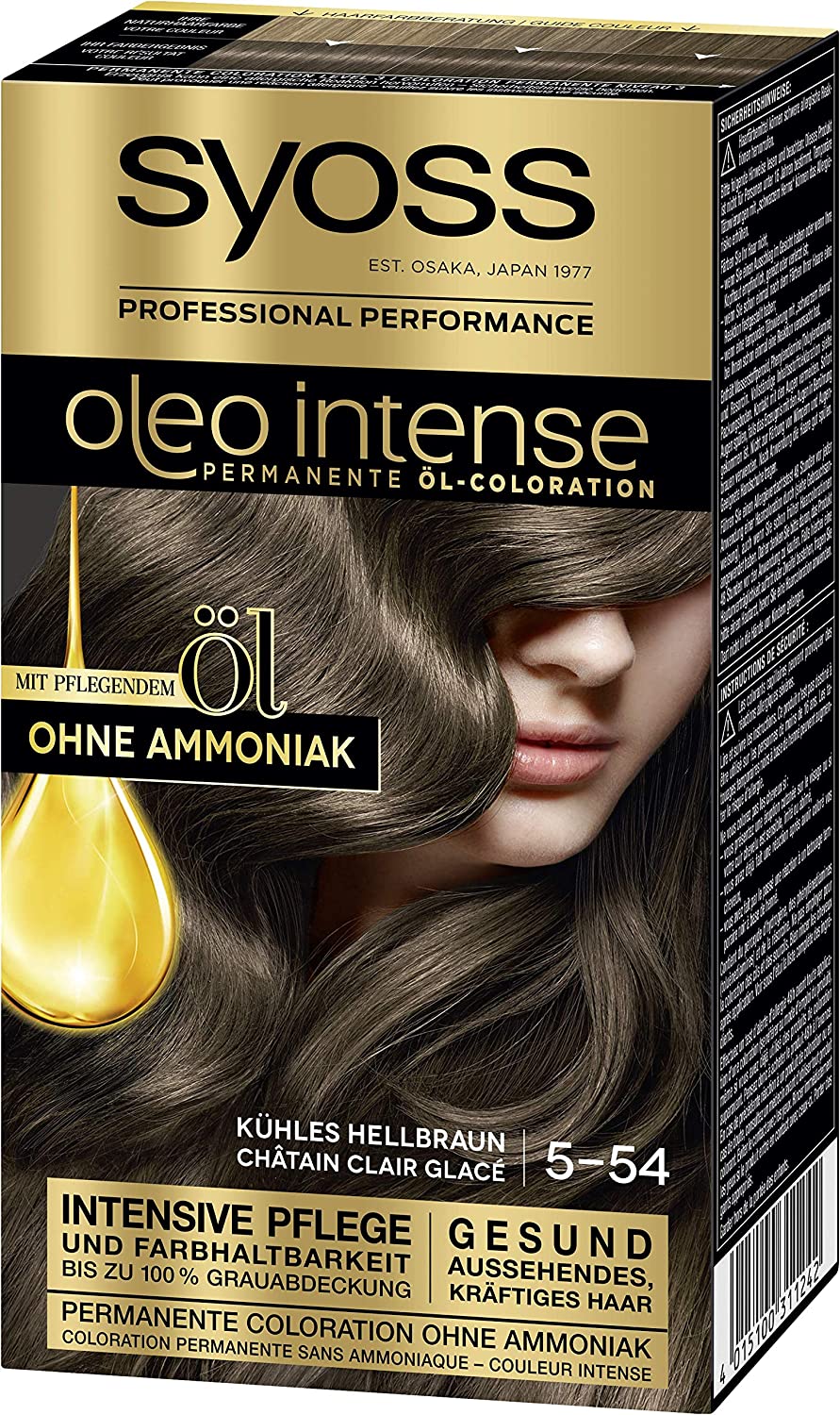Syoss Oleo Intense Permanent Oil Colouration Hair Colour, 5-54 Cool Light Brown with Nourishing Oil and Ammonia Free, Pack of 3 (3 x 115 ml), ‎cool