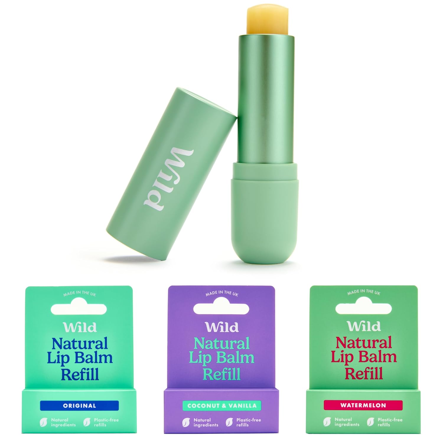 Wild Natural Refillable Lip Balm Starter Set - in Sage Green Aluminum Case & 3 Pack Lip Balm in Various Fragrances - Contains the Fragrances Original, Coconut & Vanilla, Watermelon