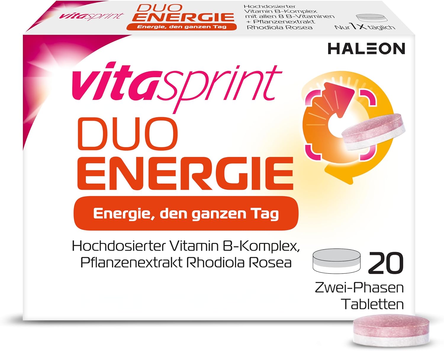 Vitamins - Vitasprint Duo Energy 2-Phase Tablets, Pack of 20 - With High Dose Vitamin B Complex to Reduce Fatigue and Plant Extract Rhodiola Rosea