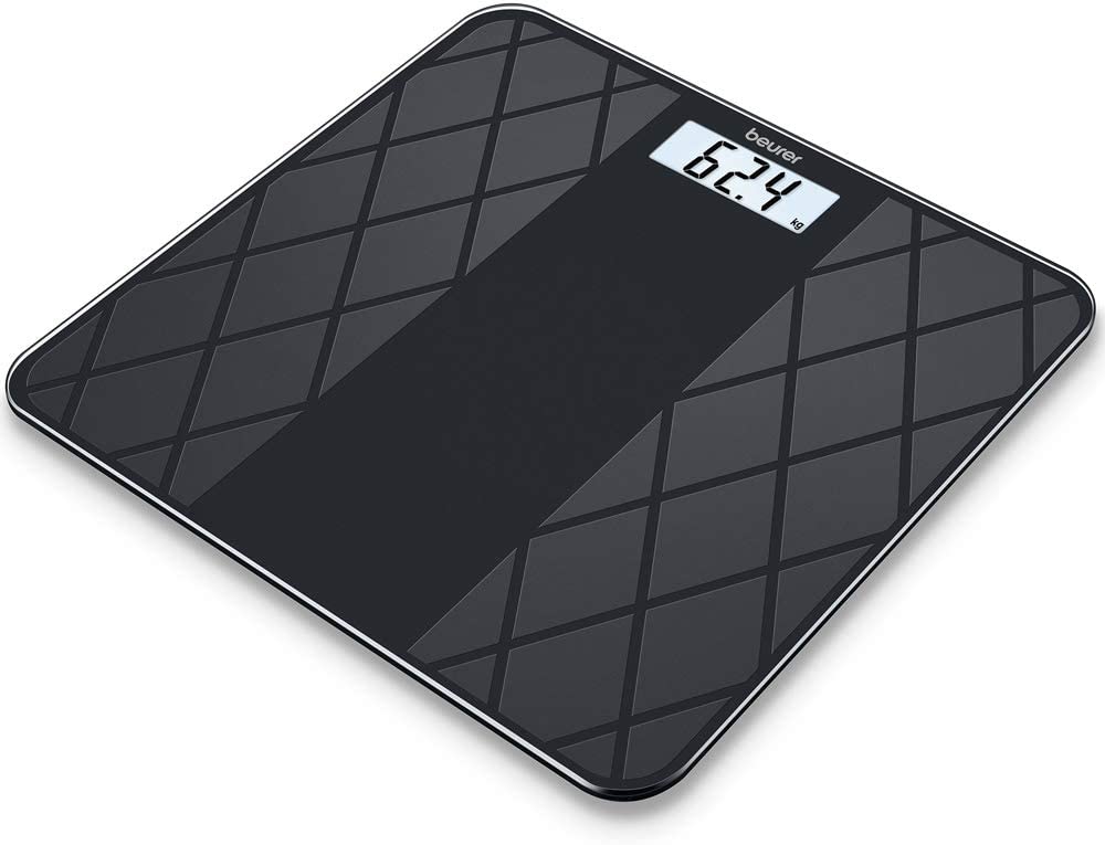 Beurer GS 135 Glass Scales, Digital Bathroom Scales in Matt Black Tile Look, Tread Made of Safety Glass with 180 kg Maximum Load Capacity, with Overload Indicator, Automatic On/Off