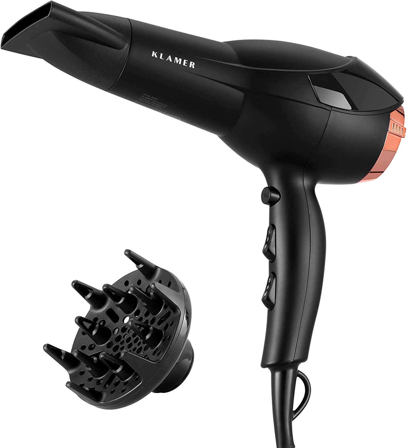 Klamer Hair Dry 2200 W, Ion Hair Dryer, Universal Anti Frizz Hair Dryer, 3 Heating & 2 Fan Levels and Cold Air Button, including Diffuser & Styling Nozzle