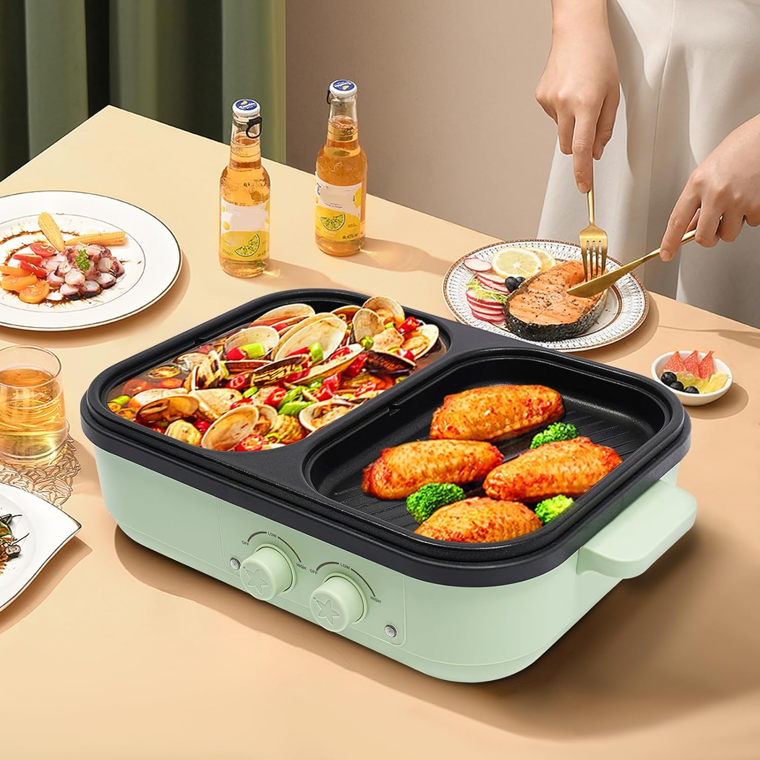 WSIKGHU Electric Hot Pot with Grill, 2-in-1 Multifunctional Electric Cooking Pot 1.2 L Electric Cooking Pot with Grill Area for 1-3 People