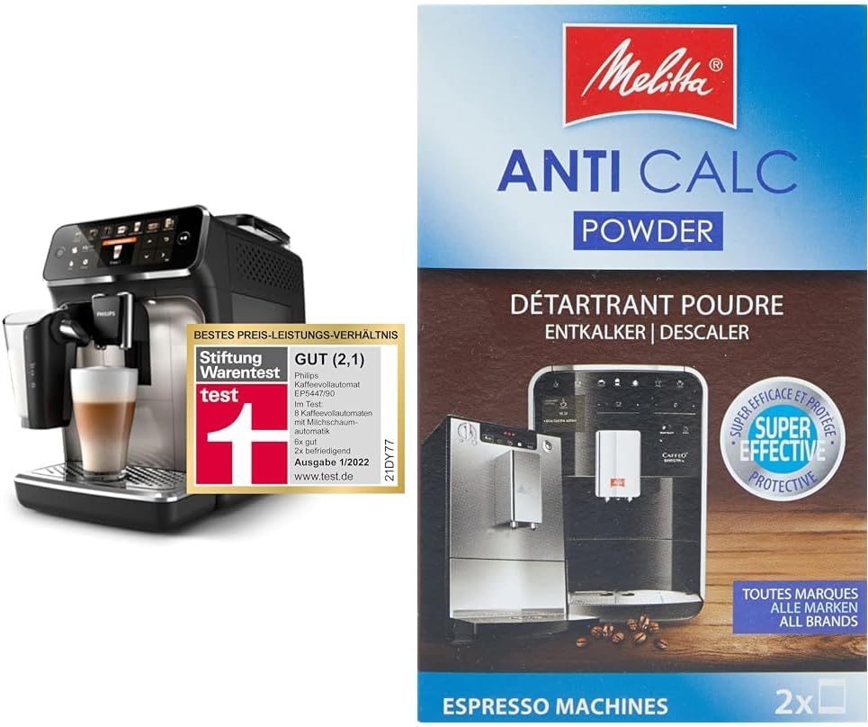 Philips Series 5400 Coffee Making Machy - Lattego Milk System & Melitta 178582 Deskalker Coffee Machine ANTICATIONATIONS Anti Calc Espresso 2 powder bags each 40g (2x 40g), packaging can vary