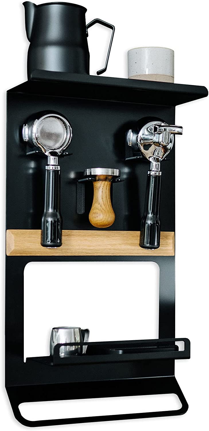 Crealutionz MokkaButler Coffee Shelf - Kitchen Shelf for Coffee Accessories and Portafilter (with Wooden Strip, White)