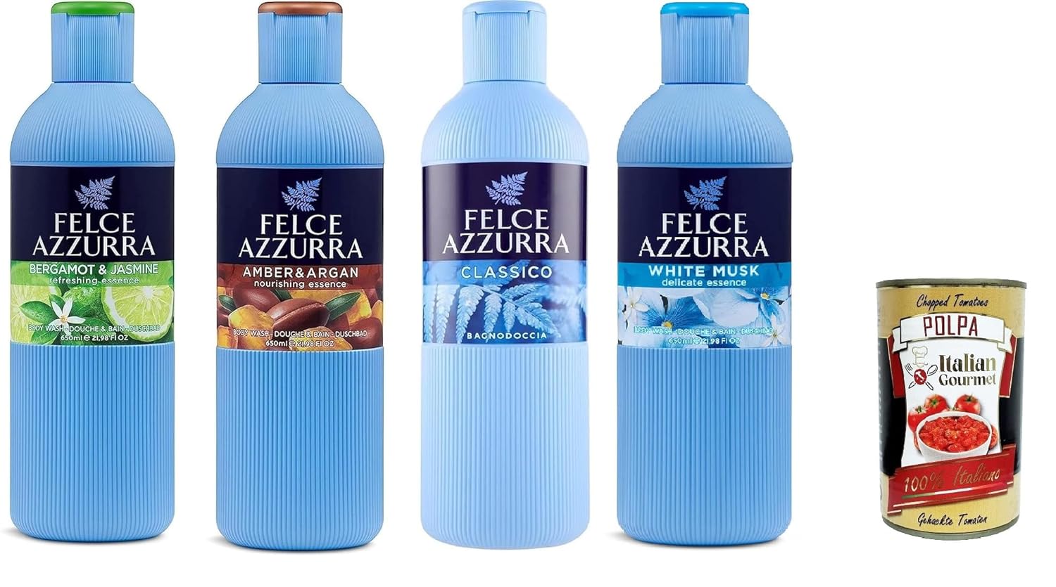 Italian Gourmet E.R. Paglieri Felce Azzurra 4 x Shower Gel, Distinctive Perfume, Moisturises the Skin, 650 ml + Italian Gourmet Pulp, 400 g ​