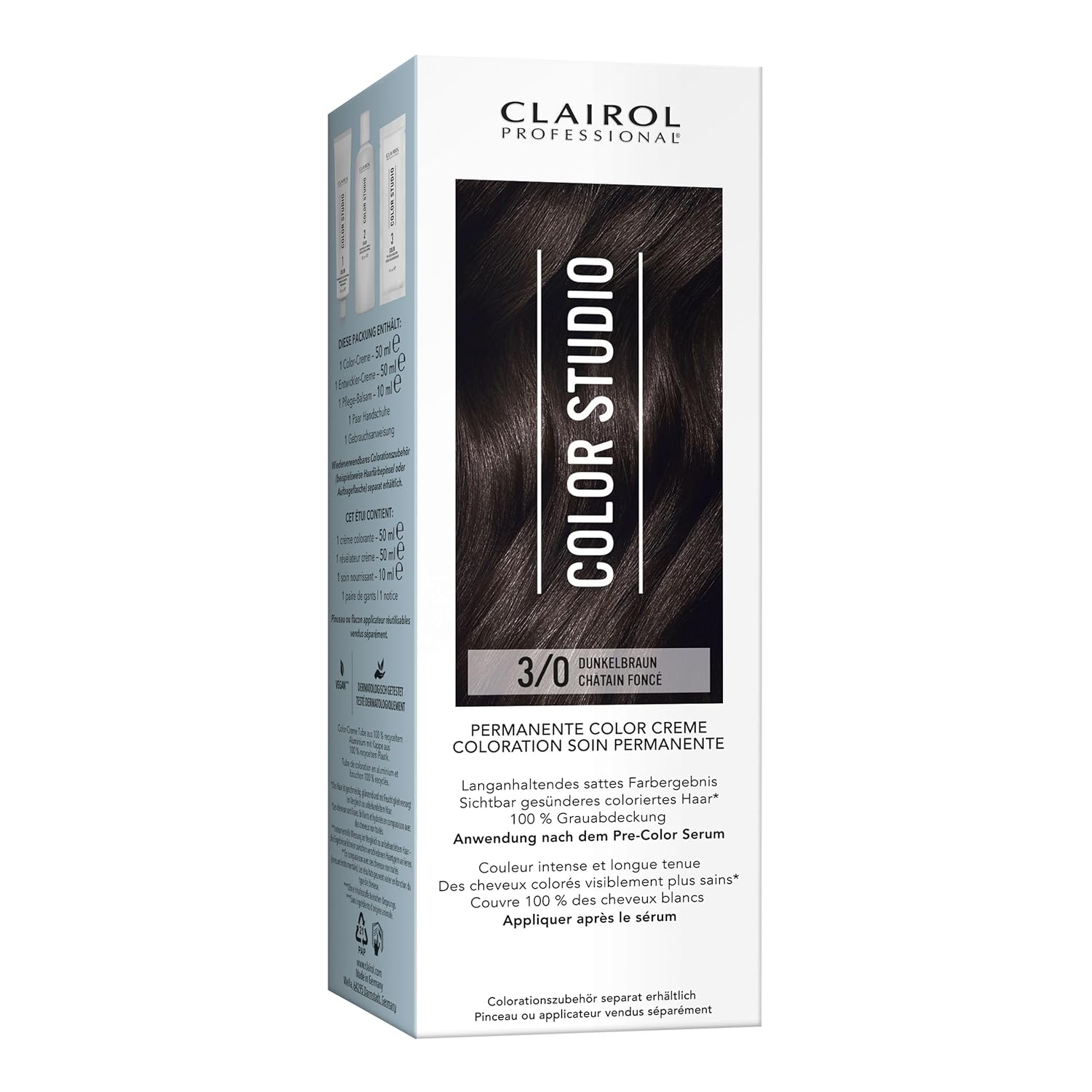 Clairol Professional Color Studio Permanent Hair Color Dark Brown 3/0 (110ml) - With Metal Purifier for 6x Less Breakage, 10 Weeks Rich Color Result & 100% Gray Coverage - Includes Hair Treatment