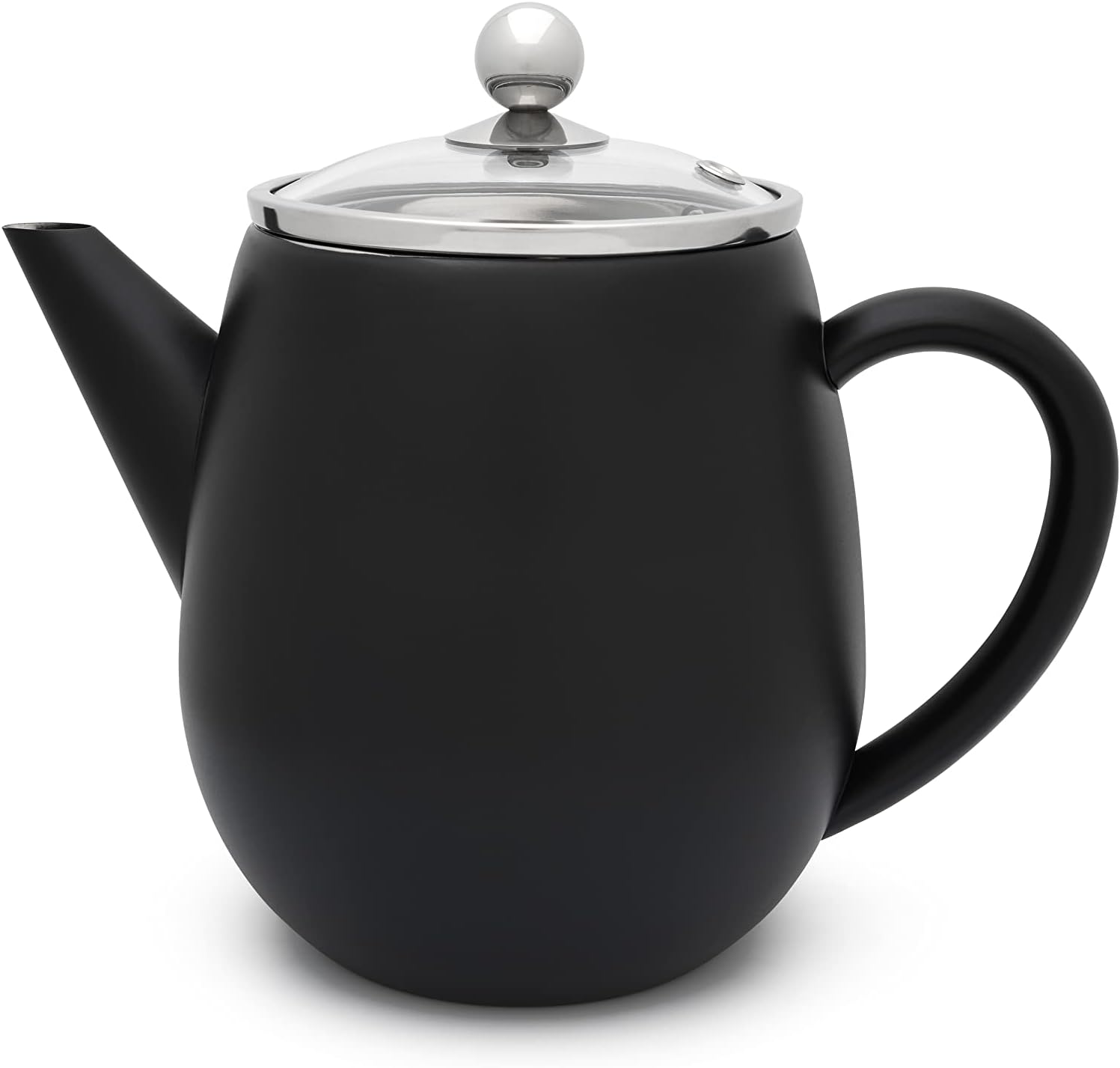 Small Black Double-Walled Stainless Steel Teapot 1.1 Litres with Filter Strainer for Preparation of Loose Tea