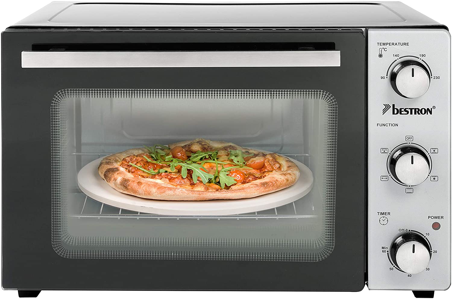 Bestron AOV31PS Compact Mini Oven with Rotisserie and Pizza Stone, 31 Litre, 1500 Watt, Stainless Steel