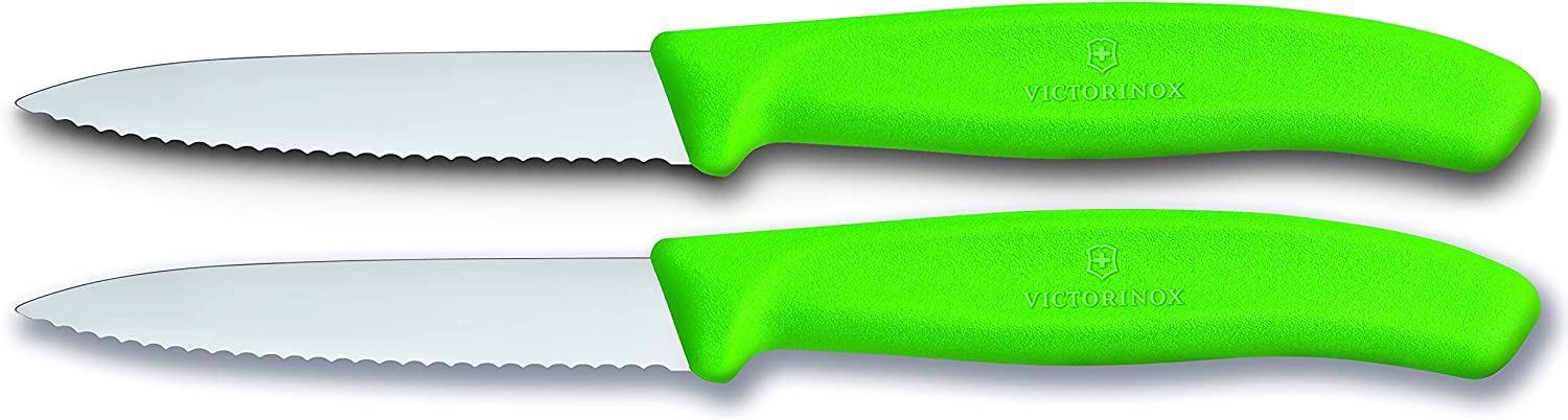 Victorinox Swiss Classic 8 cm Serrated Vegetable Knife - Medium Point - Blade Guard - Dishwasher-Safe - Set of 2, green
