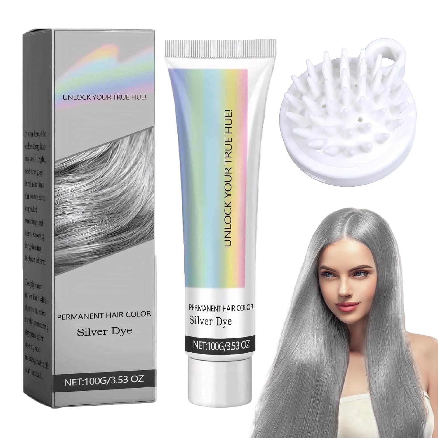 Hair Colour Grey Silver Natural Silver Grey Hair Dye Cream, Grey Hair Dye Cream Silver Grey, Silver Grey Natural Hair Dye Cream Grey Hair Dye for All Hair Types with 1 Scalp Massager (100 ml)