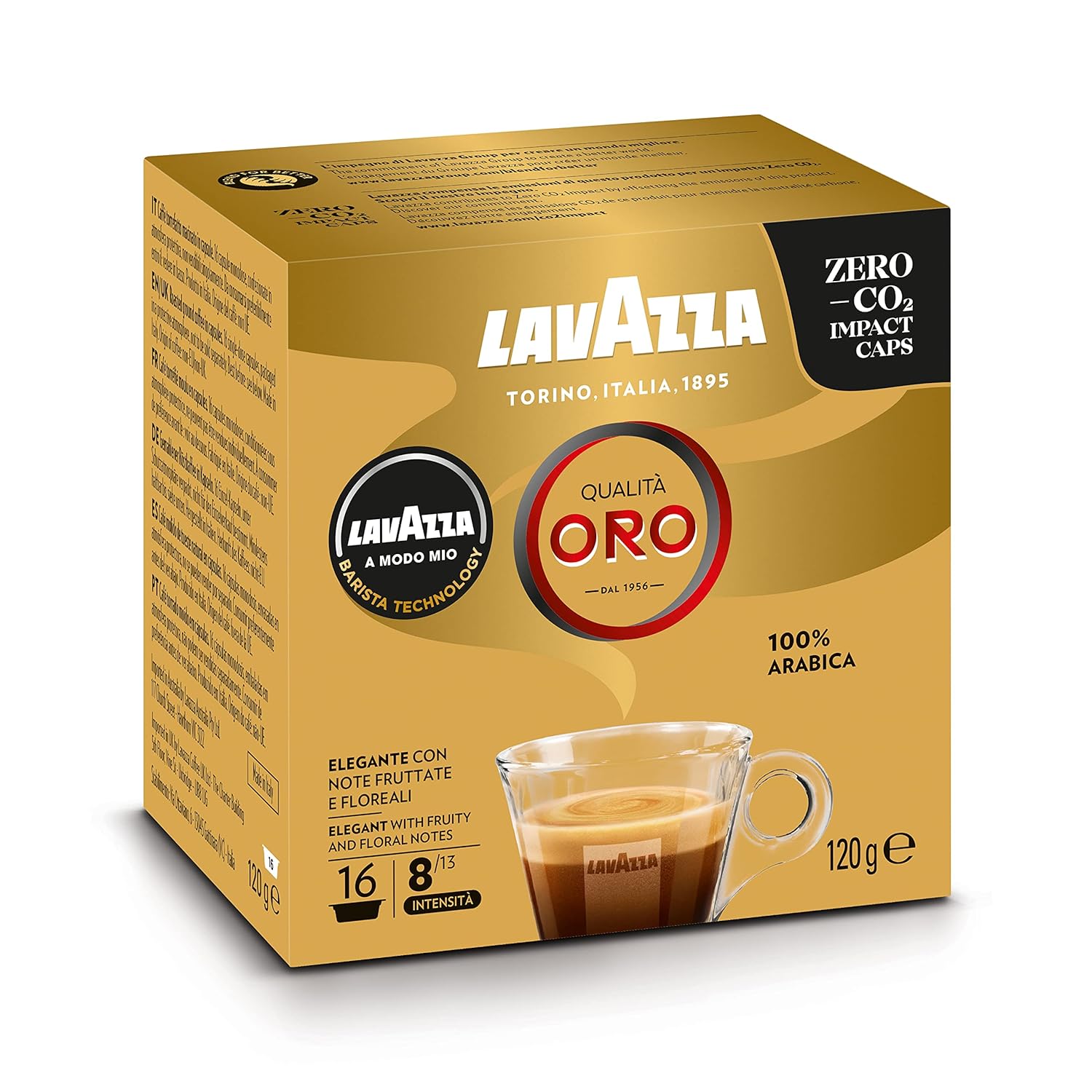 Lavazza, A Modo Mio Qualità Oro, 1 Pack of 16 Coffee Capsules, Ideal for an Espresso with Floral and Fruity Notes, 100% Arabica, Intensity 8/13, Medium Roast