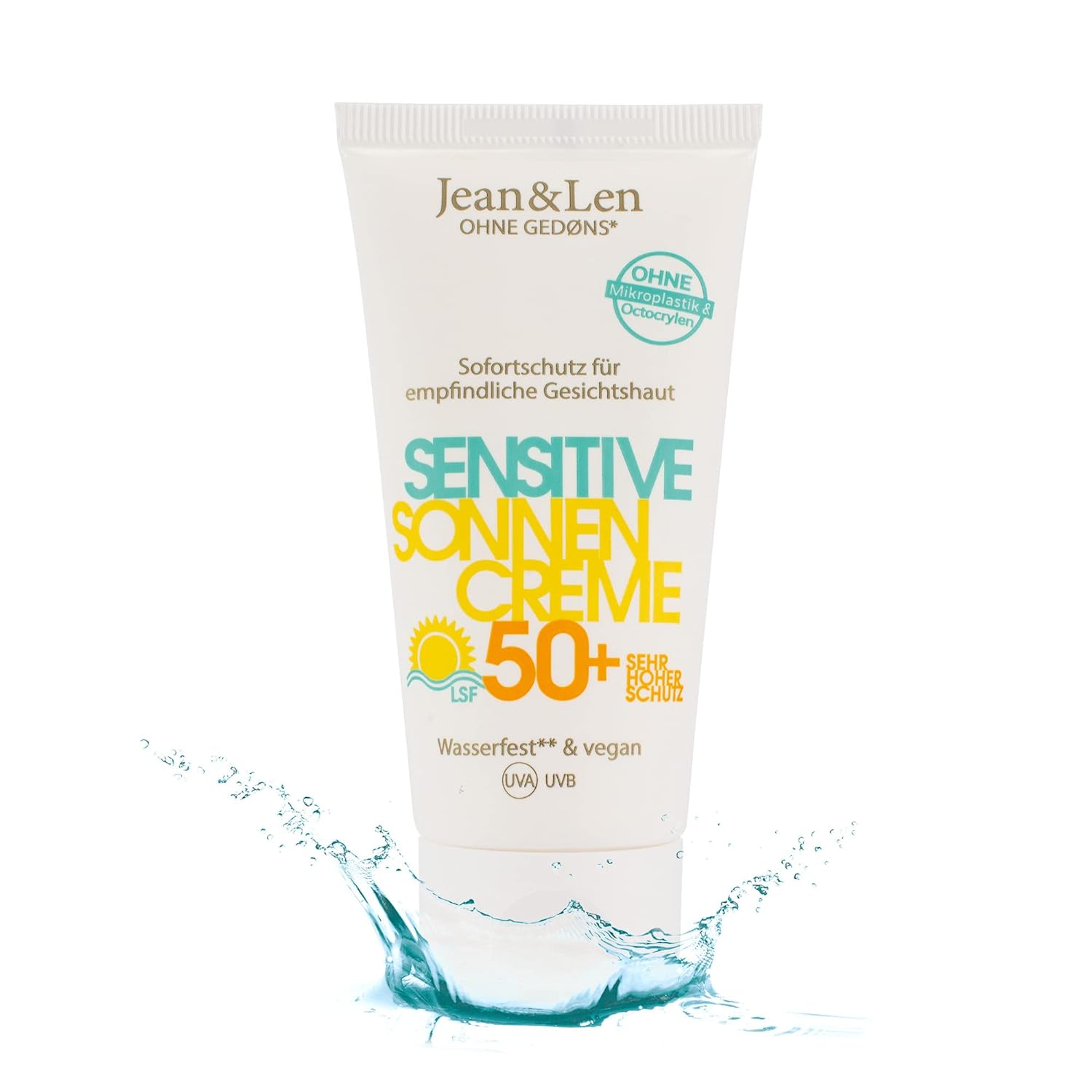 Jean & len Sensitive Sun Cream 50+ SPF Waterproof, Instant Protection for Sensitive Skin, Sun Protection for Healing, Silicone, Octocrylene & Microplastics, Vegan, Travel Size 50 ml