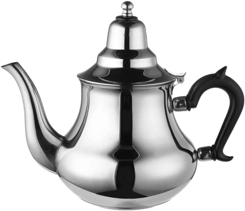 Marrakesch Orient & Mediterran Interior Moroccan Teapot for Induction, Stainless Steel, 1.2 L, with Strainer and Plastic Handle, Oriental Pot, 1200 ml, Silver Colour with Lid for Induction Cookers