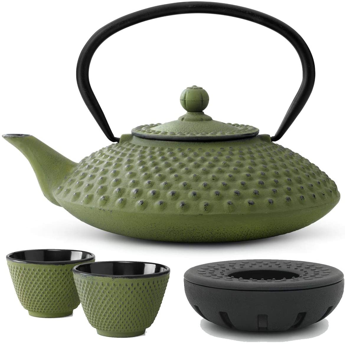 Asian Cast Iron Set Green 1.25 Litre Teapot with Tea Filter Strainer & Warmer with Tea Cup Bredemeijer Series Xilin