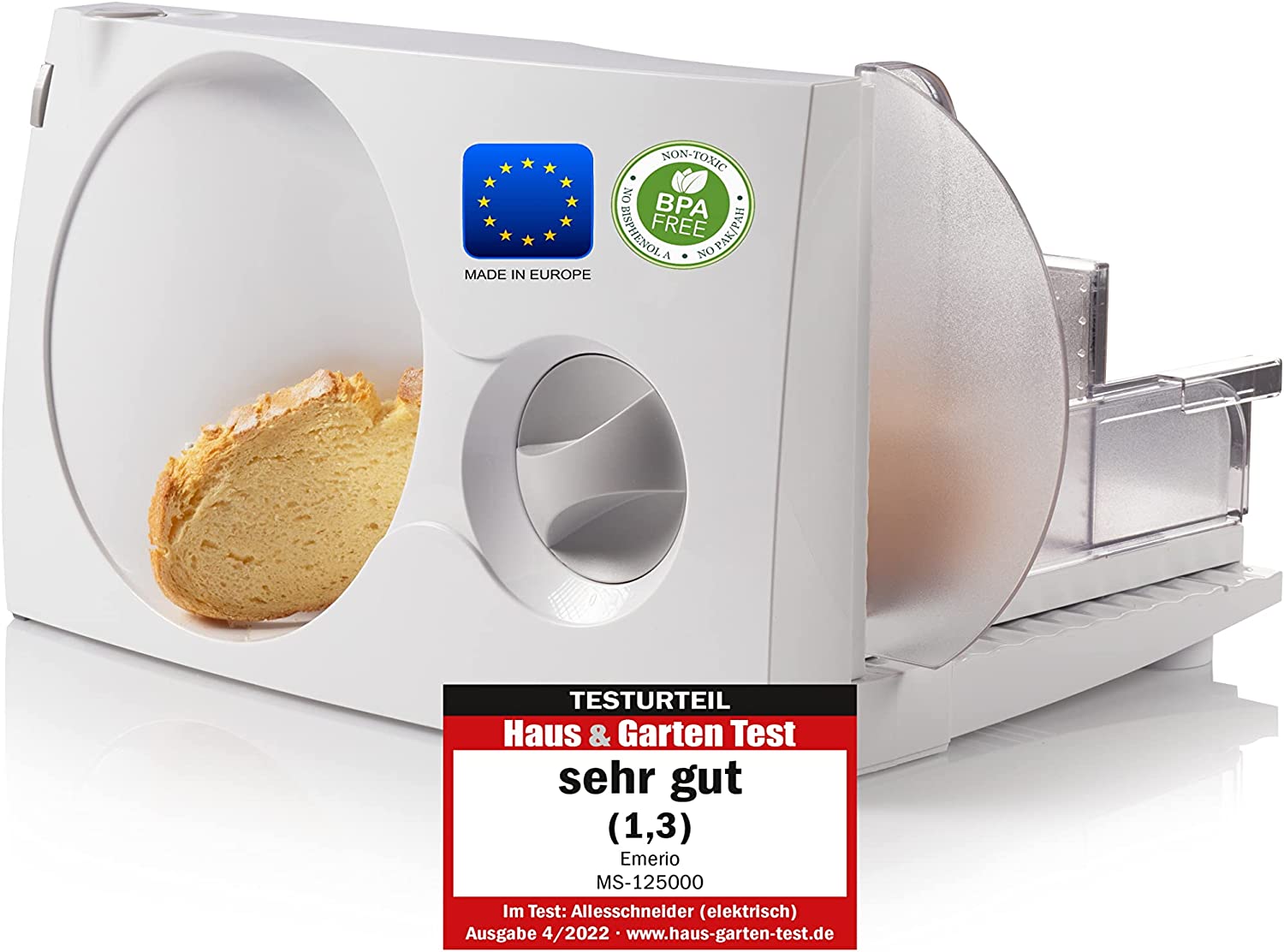 Emerio All-Purpose Slicer, Made in the EU, MS-125000, Stainless Steel Blade Unit Produced in Germany, Adjustable 0-17 mm, BPA-Free, Space-Saving Foldable, with Safety Switch, Eco 100 Watt