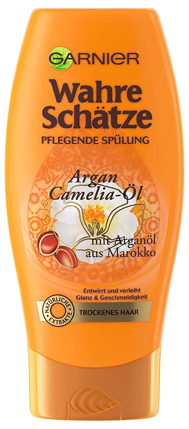 Garnier True Treasures Conditioner for Intense Hair Care, for More Softness, with Argan Oil and Camelia Oil, for Dry Hair, Without Parabens, 1 x 200 ml