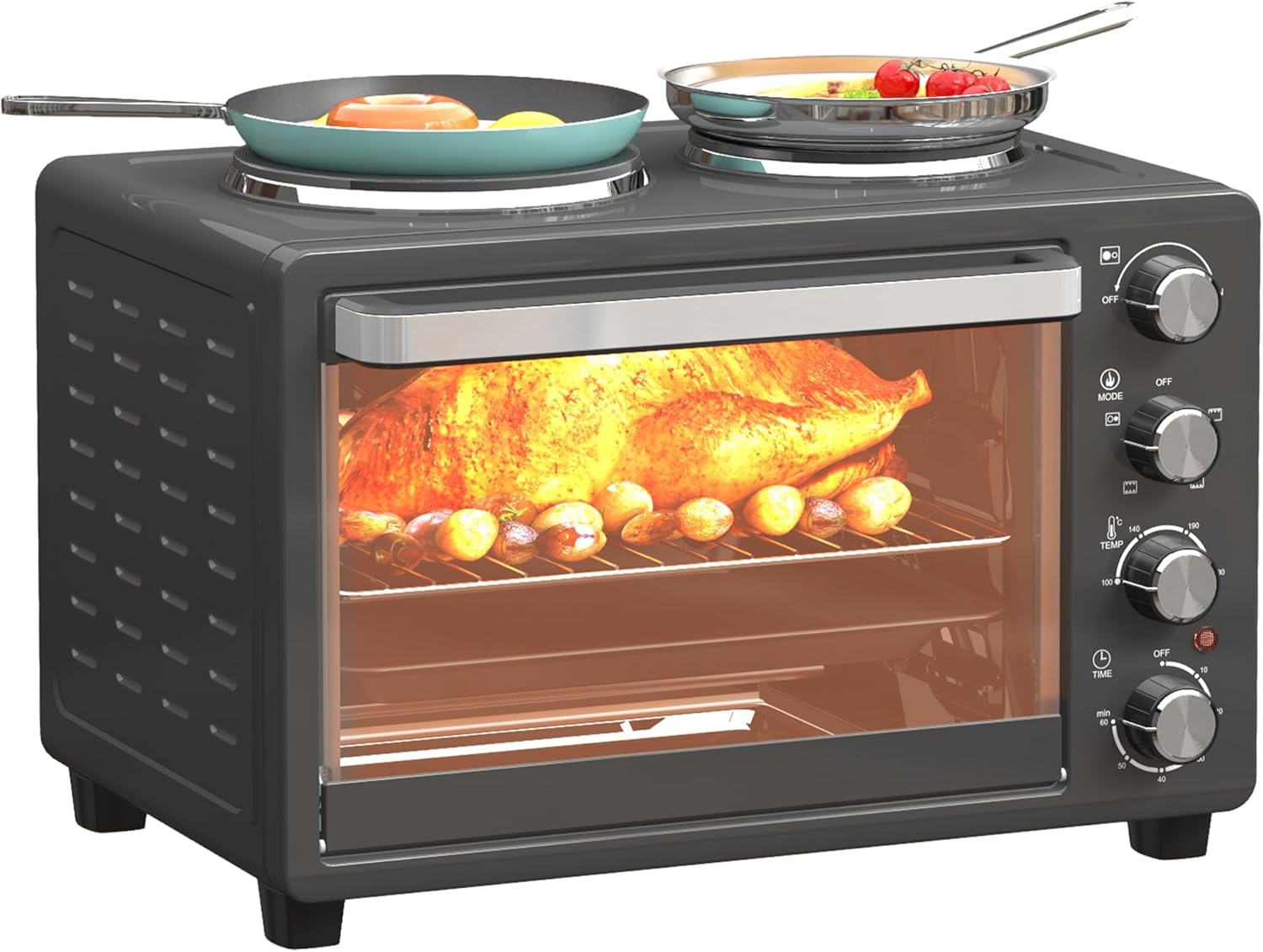 HOMCOM Mini Oven 28 L 2600 W Mini Oven 100-230°C 60 Min. Timer with 2 Warming Plates, Baking Tray and Grill Rack, Pizza Oven with Crumb Tray, Tray Handle, Black