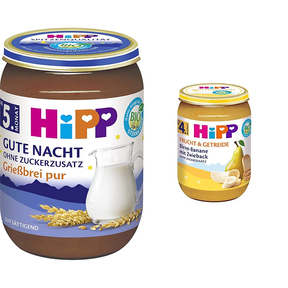 HiPP Grießbrei pur Bio, 6er Pack (6 x 190 g) & Birne-Banane mit Zwieback, 6er Pack (6 x 190 g)