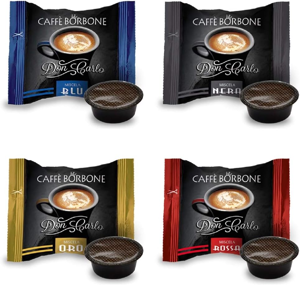 Caffè Borbone 4 x 50 Borbone Don Carlo Coffee Capsules 50 Each Type Black, Blue, Red, Gold, Compatible with A Modo Mio