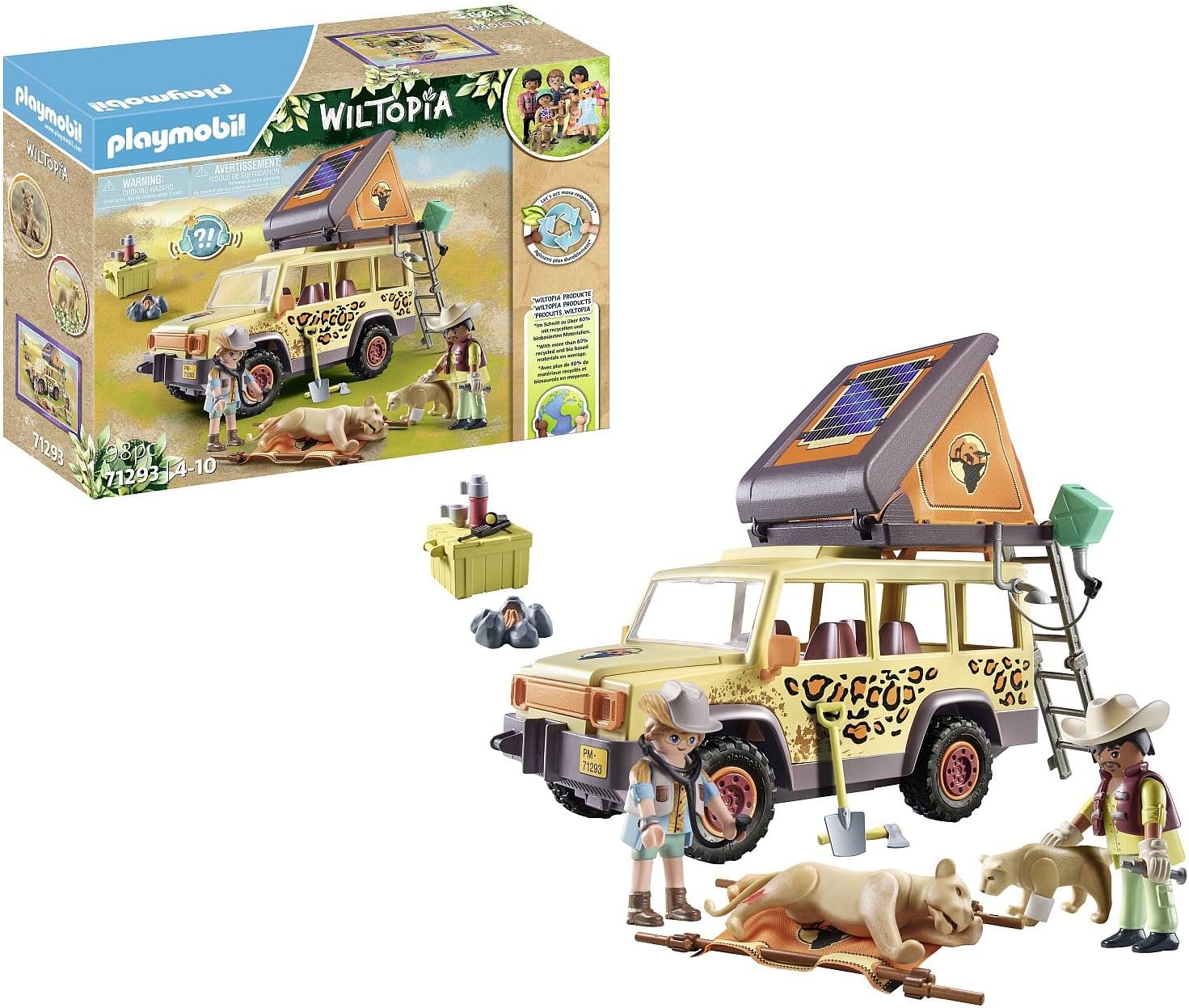 PLAYMOBIL Wiltopia 71293 With the Off-Road Vehicle at the Lions, Adventurous Animal Medicine in the Savannah, Educational Toy Made of Sustainable Material, Toy for Children from 4 Years