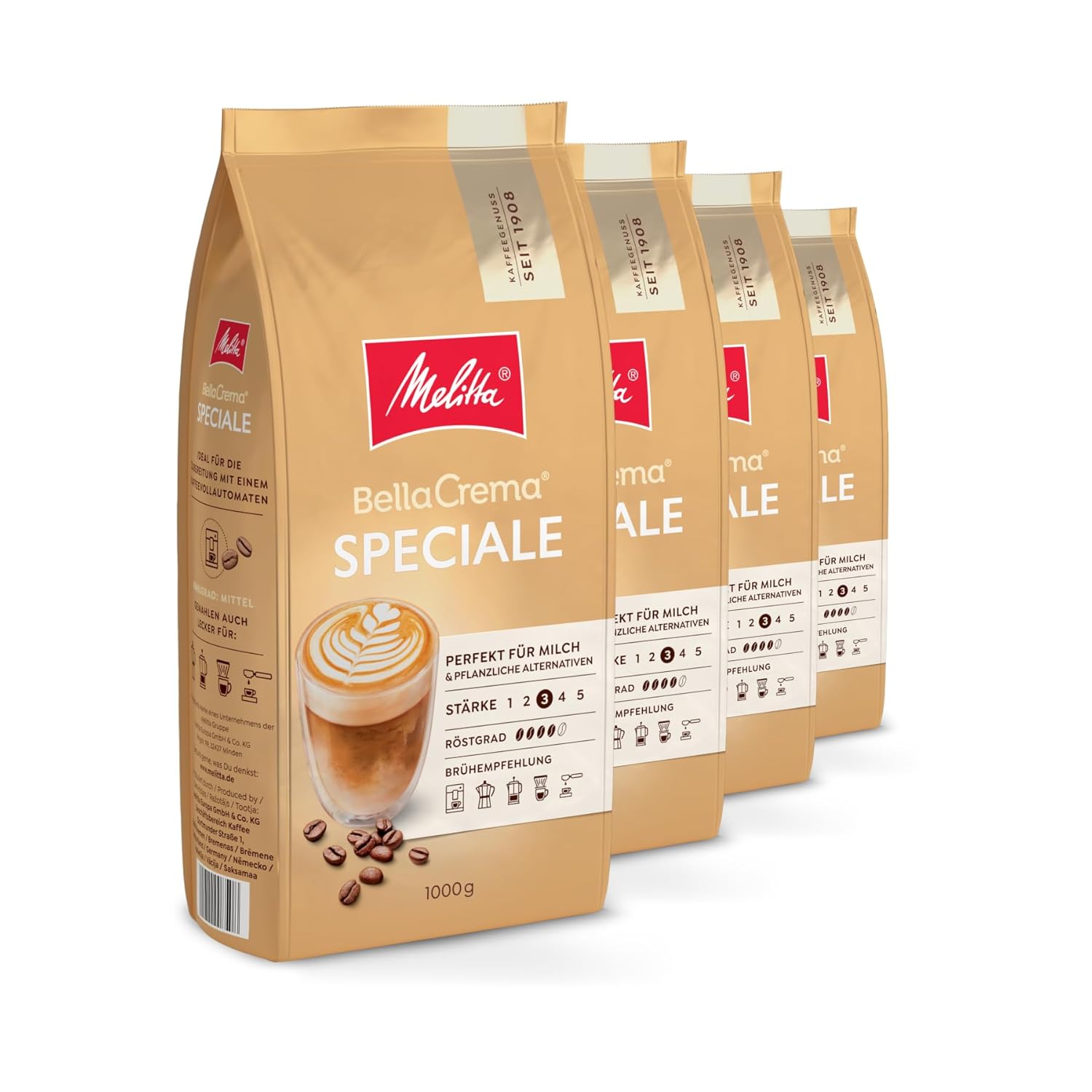 Melitta BellaCrema Speciale Whole Coffee Beans, 4 x 1 kg, Unground, Coffee Beans for Fully Automatic Coffee Machines, Medium Roast, Roasted in Germany, Strength 2, in a Tray