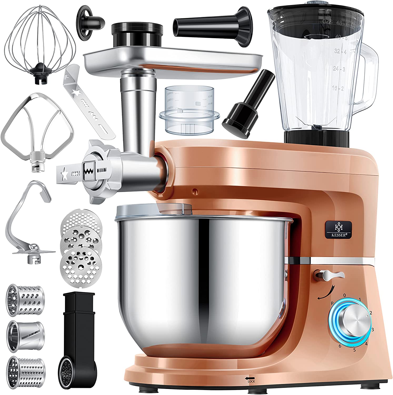 KESSER® 3-in-1 Universal Food Processor K-KM 3000 with Meat Mincer Kneading Machine Multifunctional Mixing Machine 5.5 L Bowl with 3 Mixing Tools, 1.5 L Juicer, Sausage Set, Pasta & Cookie Moulds Copper