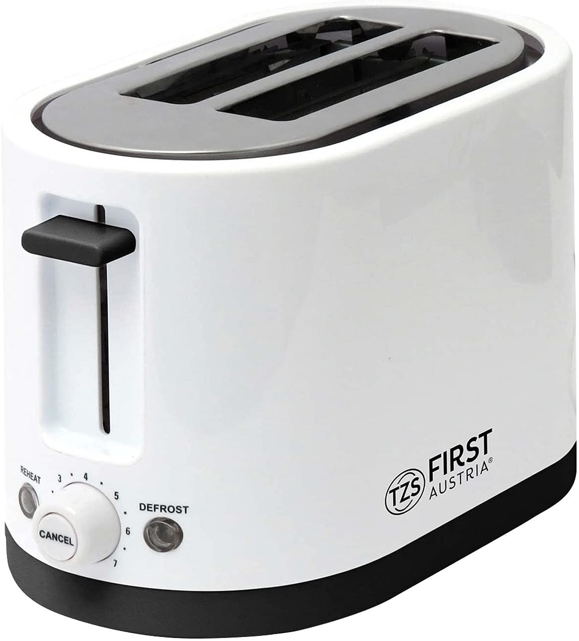 TZS First Austria - 2 Slices Toaster, Cool-Touch Casing, Removable Bun Attachment, Crumb Tray, Sandwich Toast, White