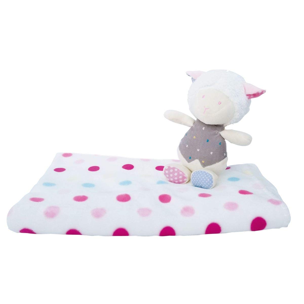 Bieco 04004113 Baby Cuddle Set with Cuddly Blanket and Plush Sheep, Cuddle Set with White Blanket with Pink Dots and Cuddly Toy Sheep for Babies from 3 m+, Pink
