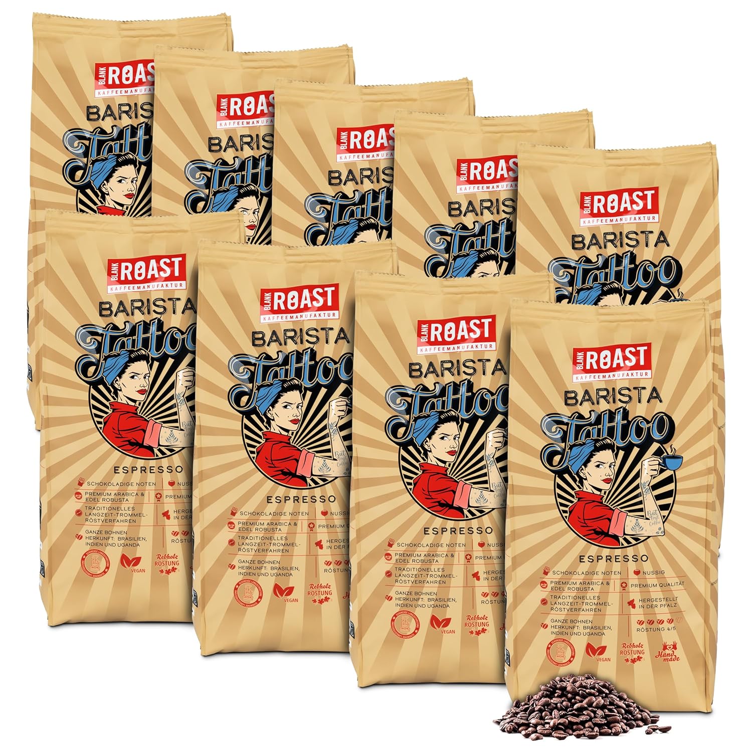 BLANK ROAST - Barista Tattoo Espresso - 1 kg (Pack of 9) - Roasted in the Drum - Beans from the Best Growing Regions - Premium Arabica & Elegant Robusta - Chocolaty & Nutty - Low Acid