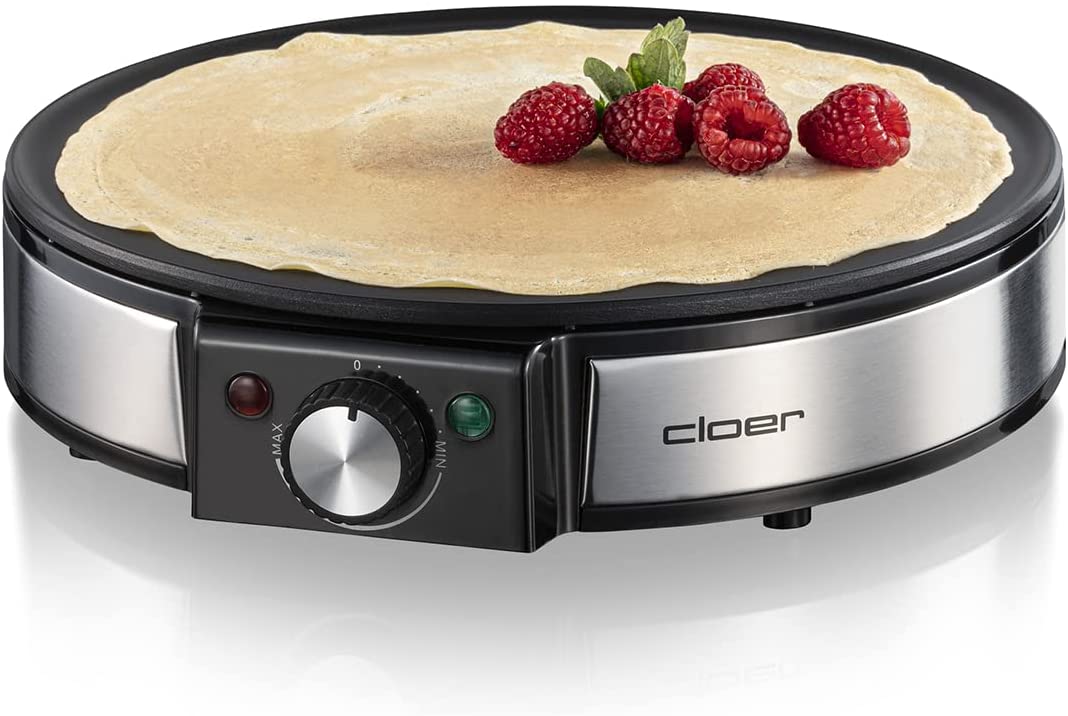 Cloer 6630 Crepe Maker for Sweet or Savoury Crepes with 30 cm Diameter 1200 W Non-Stick Coating Includes Wooden Dough Spreader and Spatula Black