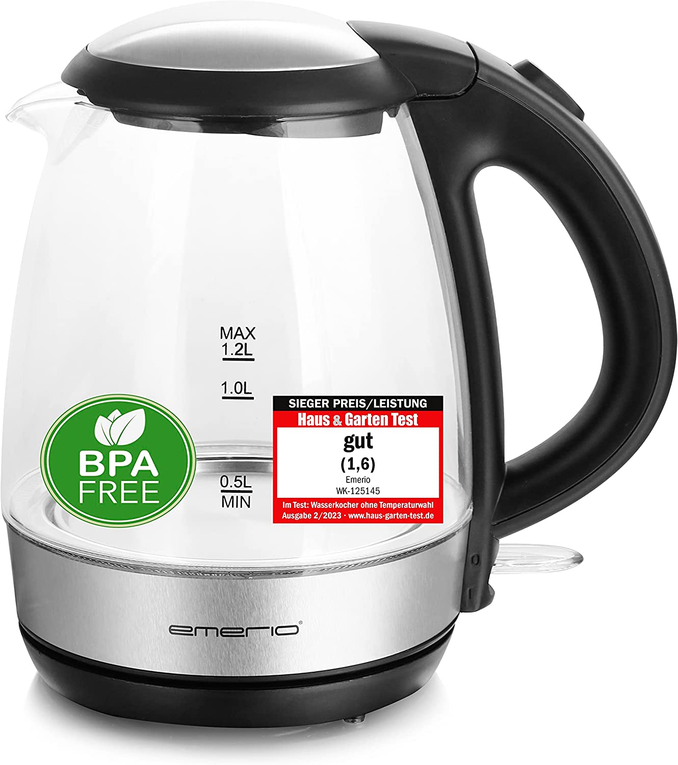 Emerio WK-125145 Glass Kettle, 1.2 Lites, 2200 watt, LED Interior Lighting, 360 ° Base, Borosilicate Glass, BPA-Free, Lid Opening at the Push of a Button, Ideal for Home, Camping Or Office