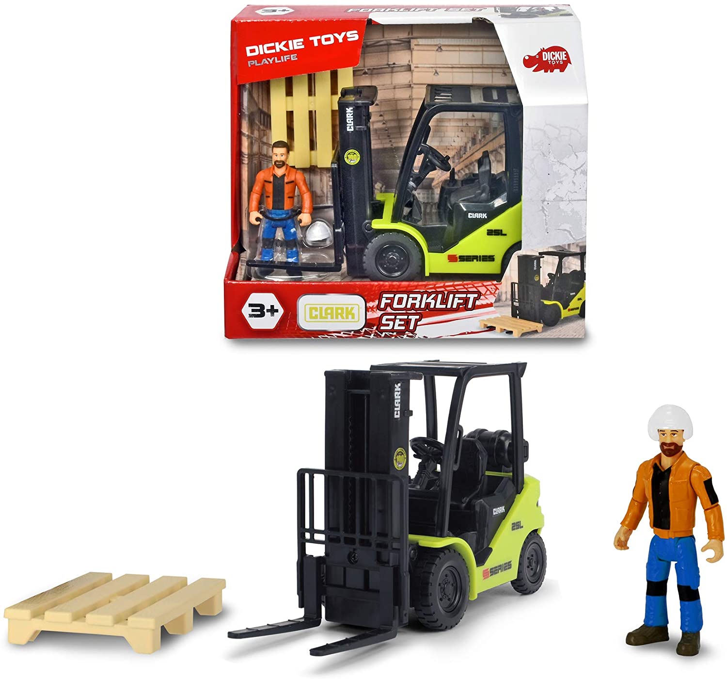 Dickie Toys 203832006 Playlife Forklift Set Clark S25 Movable Fork With Pal