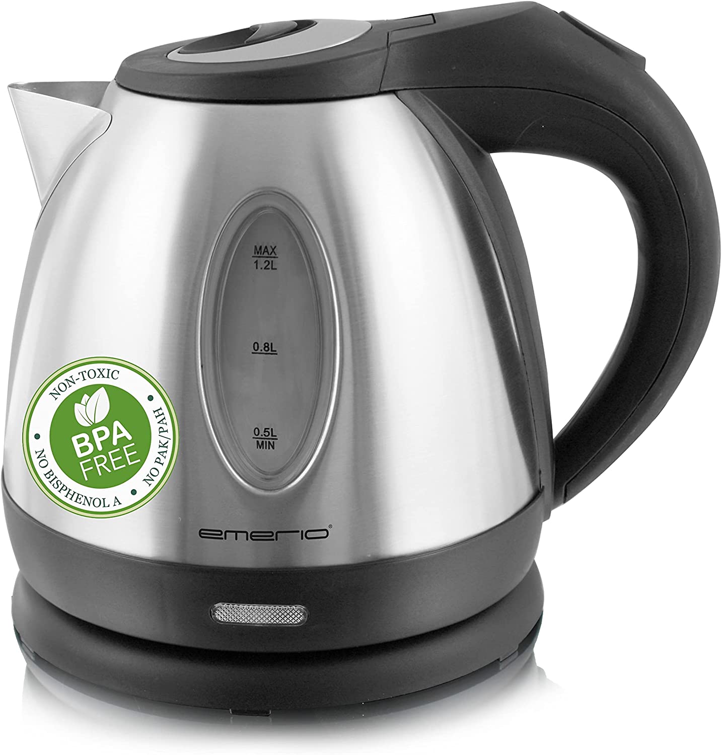 Emerio WK-108079 Stainless Steel Kettle, 1.2 Lites, 1500 watts, 360 ° WIRED BASE, WILESS Kettle, BPA-Free, Covered Heating Element, Auto-Off, Ideal for Home, Camping Or Office