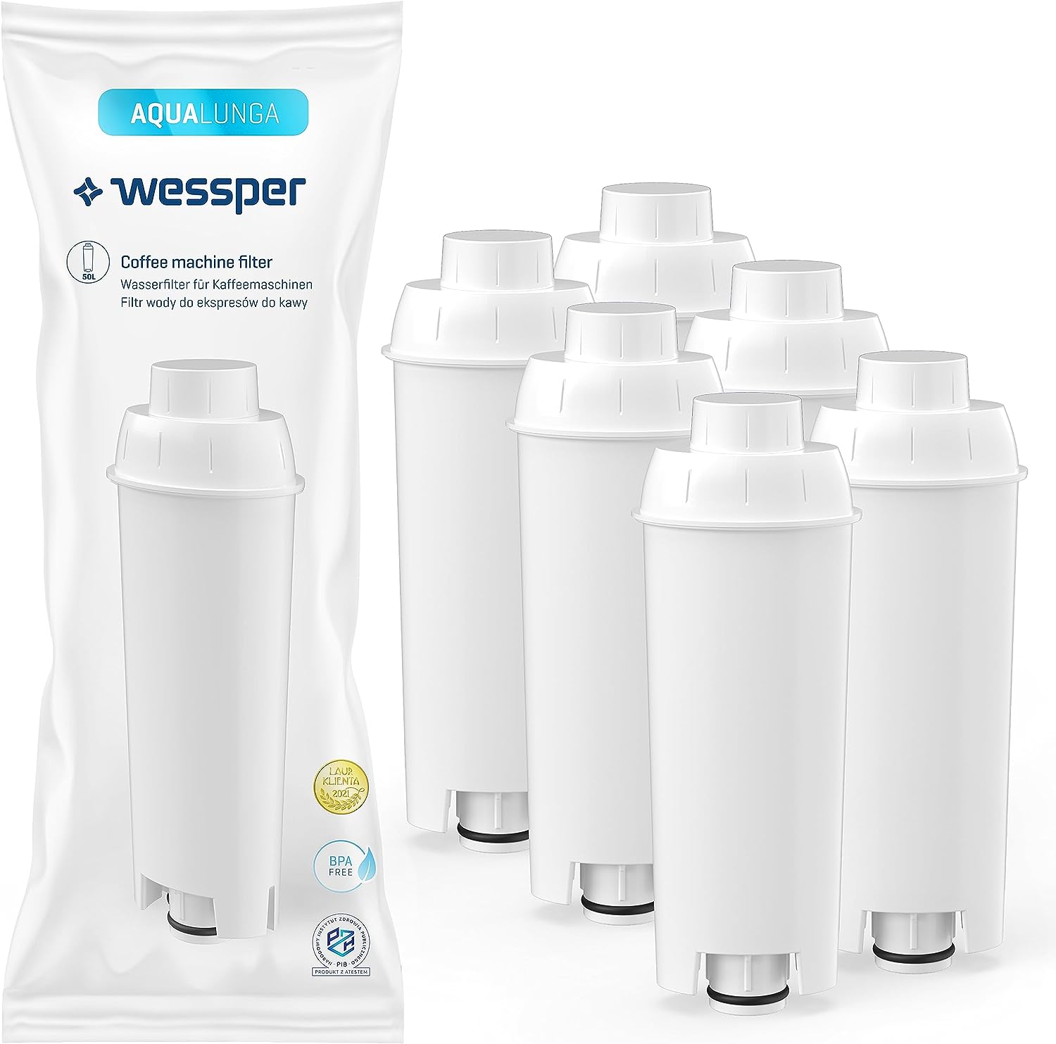 Wessper Aqua Lunga Water Filter for Delonghi Fully Automatic Coffee Machine DLSC002, SER3017 & 5513292811 - Compatible with ECAM, ESAM, ETAM, SECAM Series (Pack of 6)