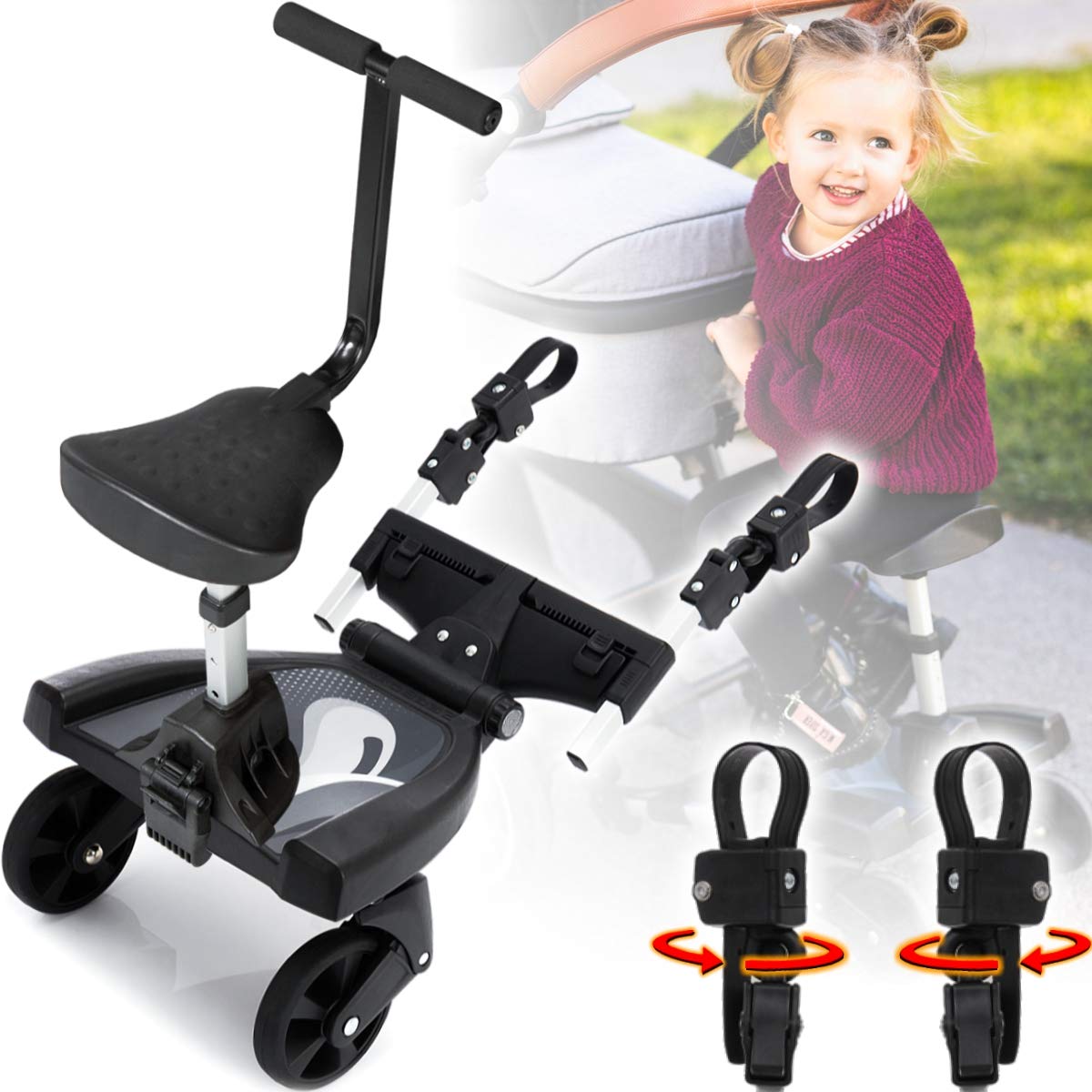 Buggy board running board universal suitable for all pushchairs, buggies, pushchairs, joggers, additional seat (extension) with safety handle, 3-way height adjustable (buggy board)